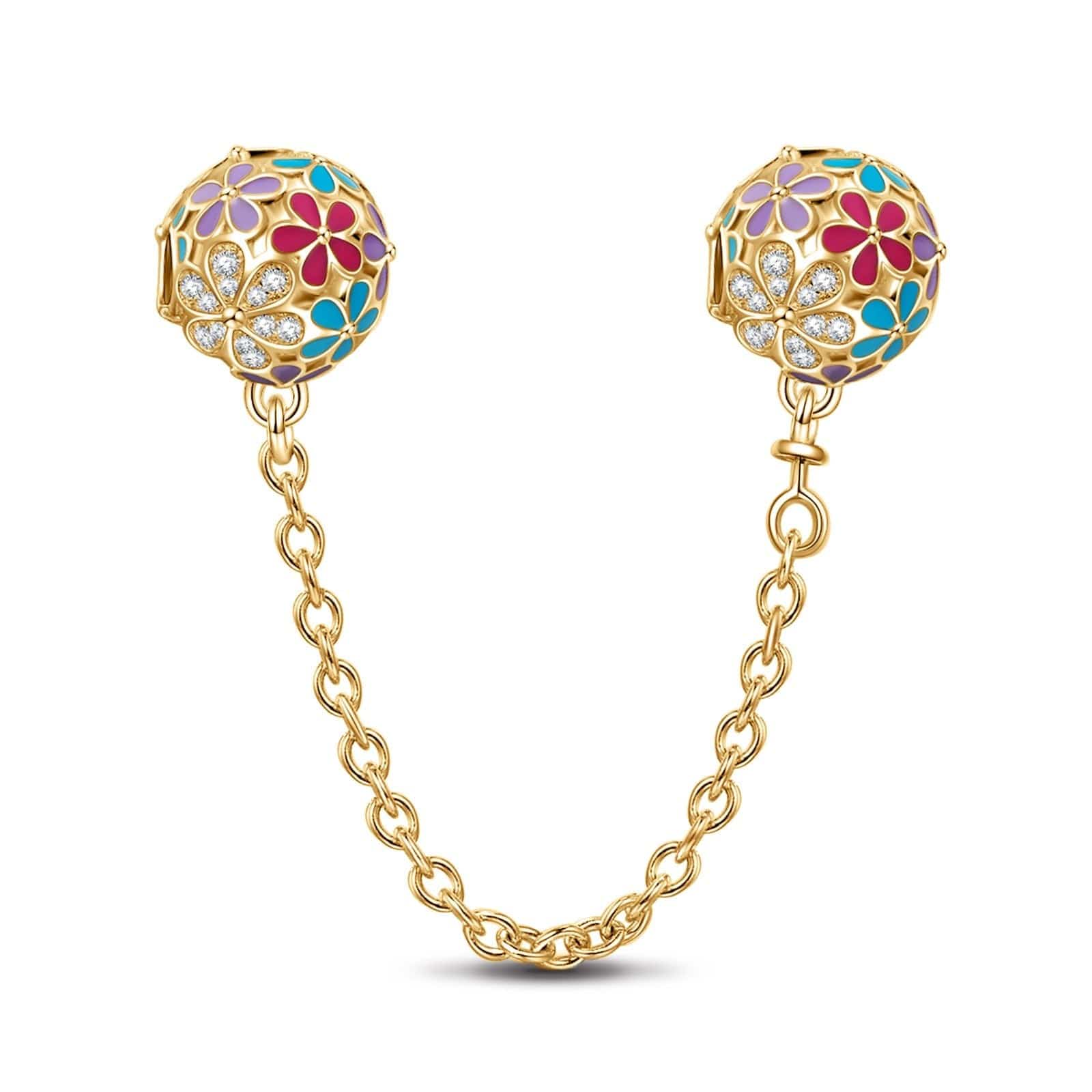 Blossom Safety Chain Tarnish-resistant Silver Charms With Enamel In 14K Gold Plated
