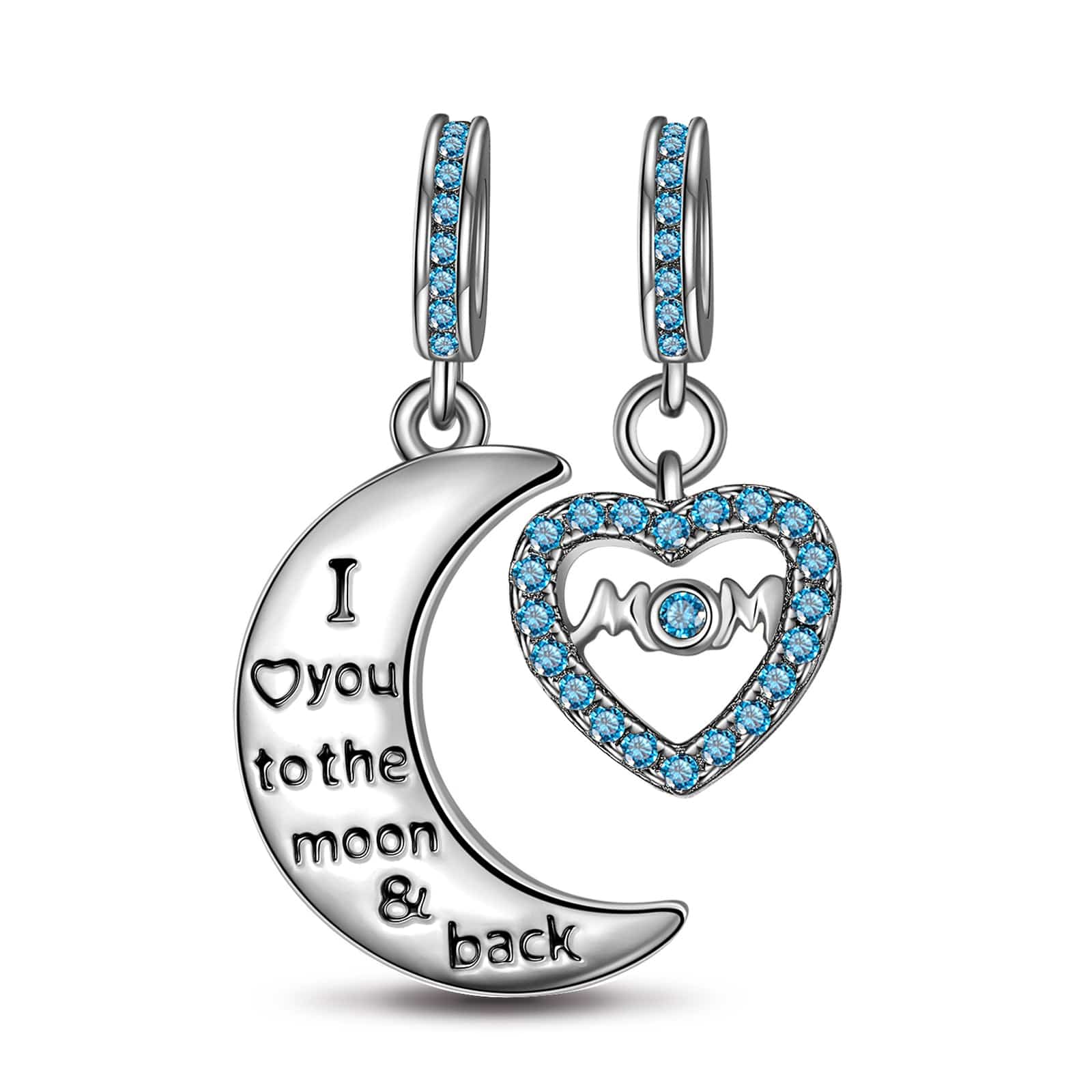 Sterling Silver Moon & Love To Mom Blue Dangle Charms With Enamel In White Gold Plated