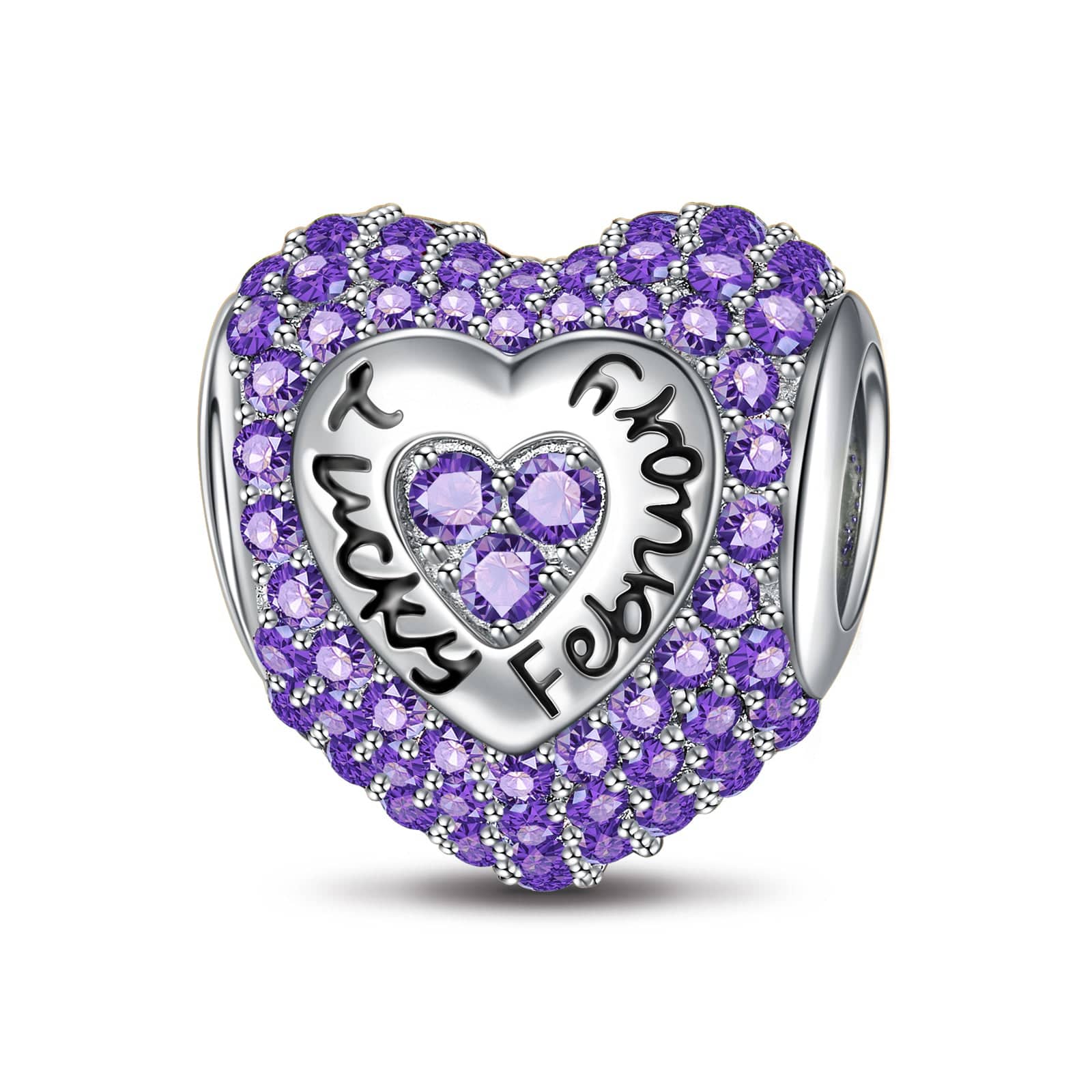 Sterling Silver Love Heart Birthstone February Charms With Enamel In White Gold Plated - Image 2