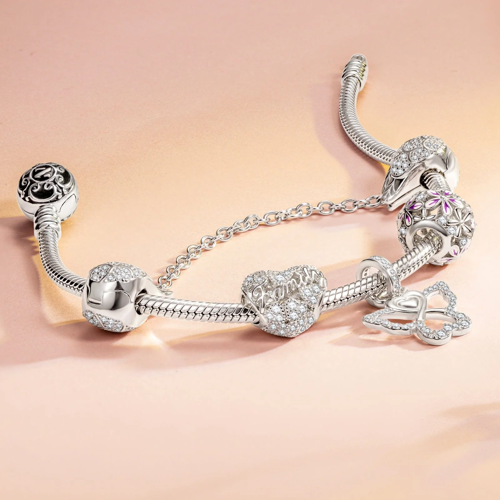 Sterling Silver Family Heart Charms In White Gold Plated - Image 2