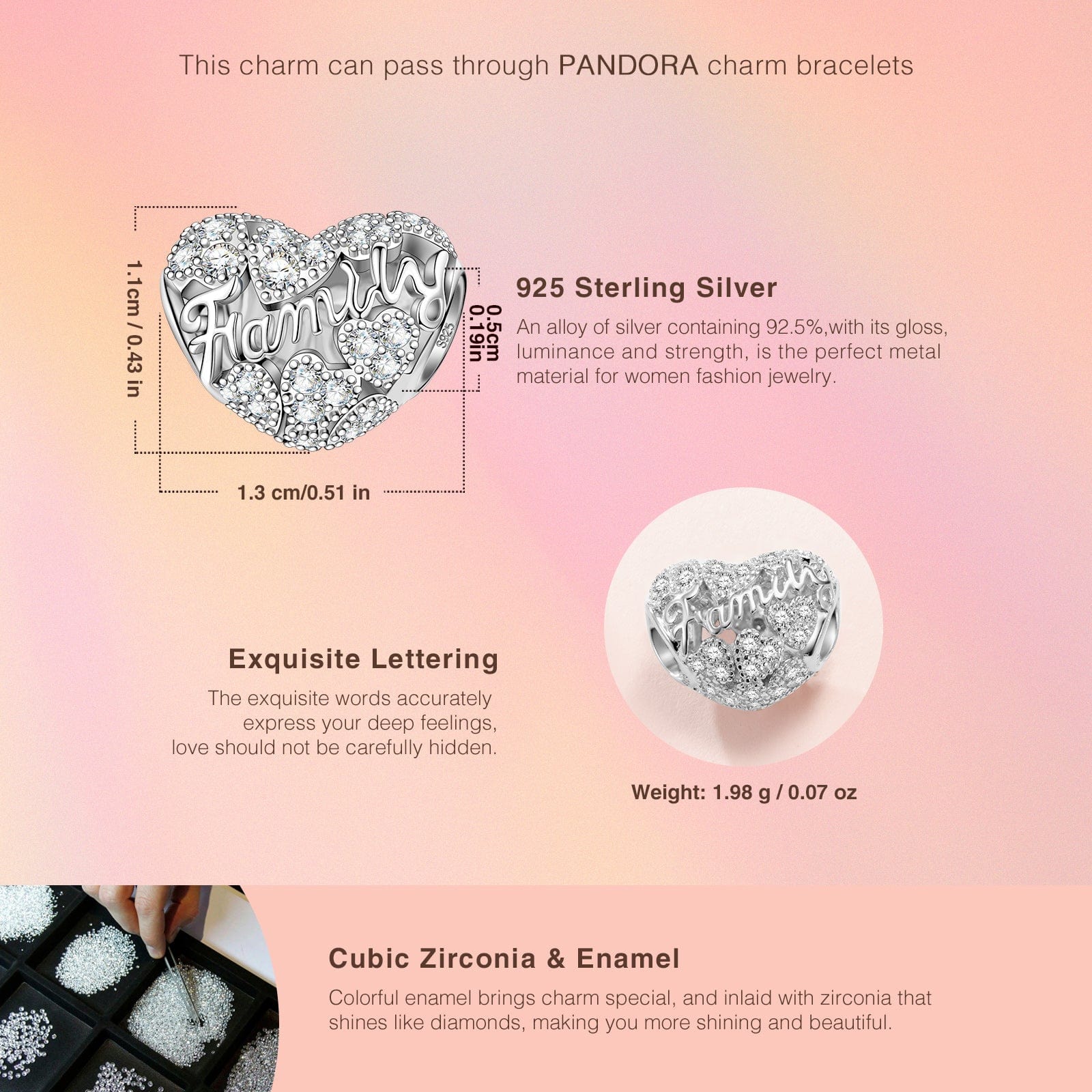 Sterling Silver Family Heart Charms In White Gold Plated - Image 3