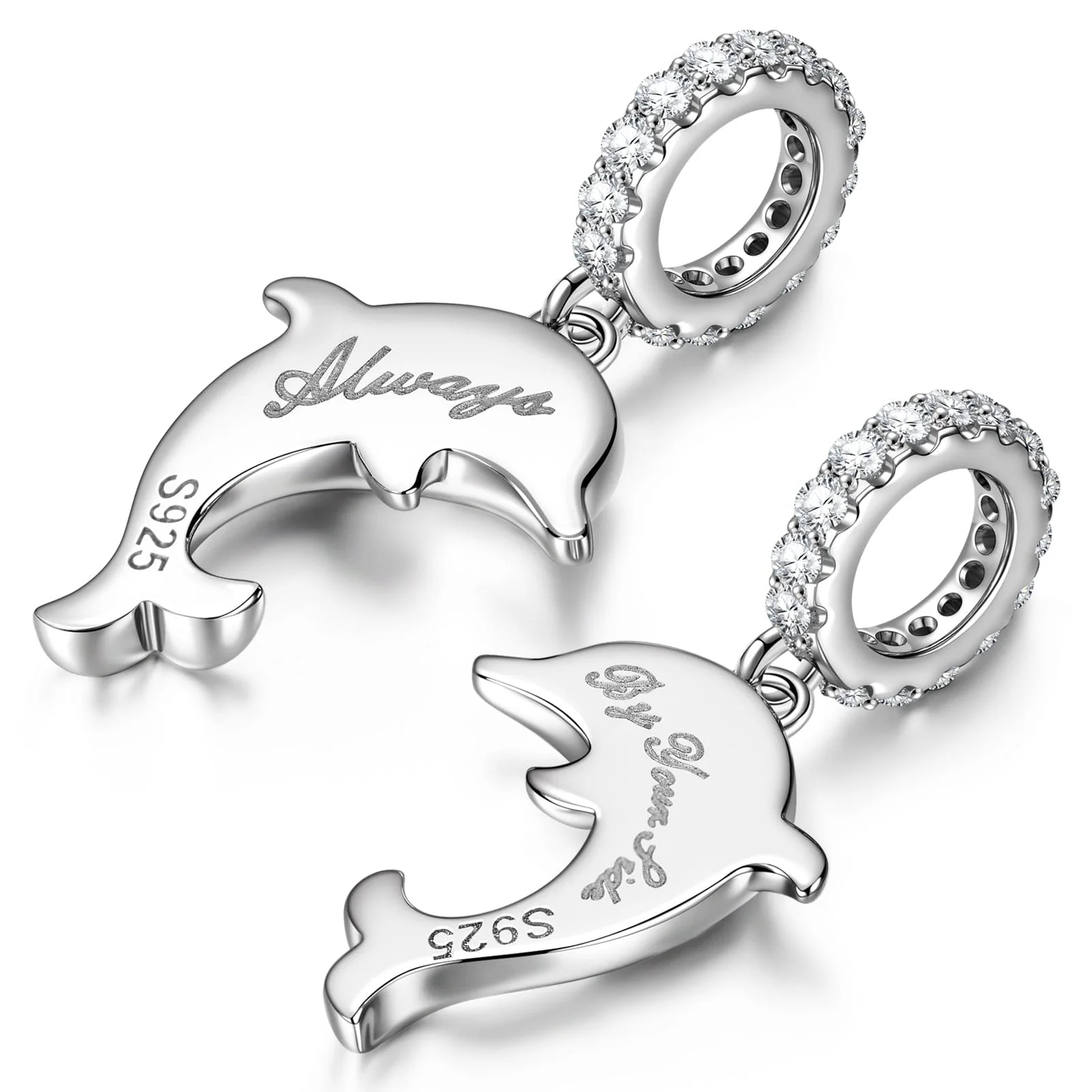 Sterling Silver Leaping Dolphins Dangle Charms With Enamel In White Gold Plated - Image 2