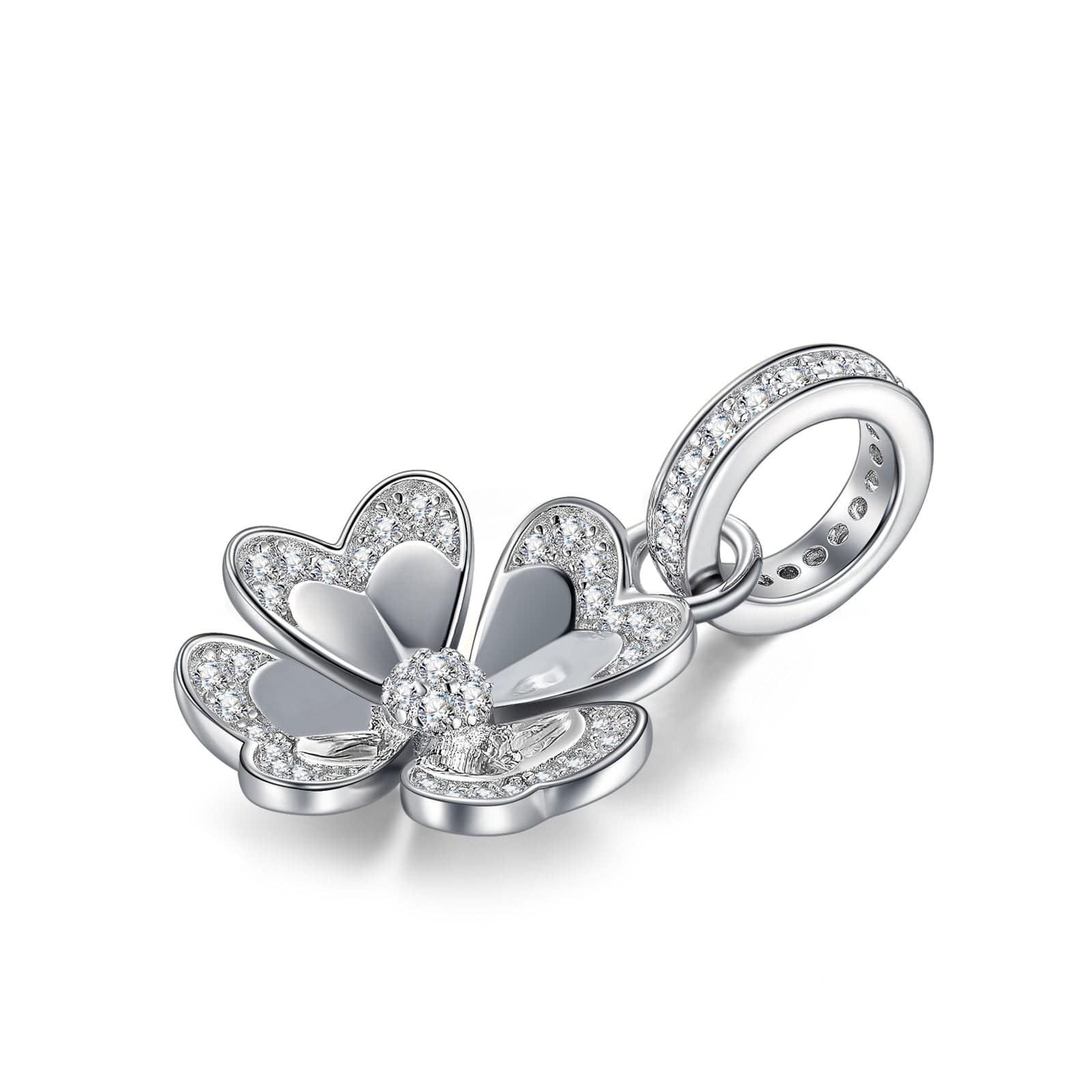 Sterling Silver Lucky Clover Dangle Charms In White Gold Plated - Image 2