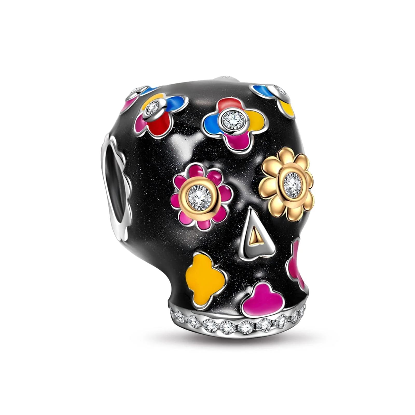 Sterling Silver Skull and Rose Charms With Enamel In White Gold Plated - Image 2