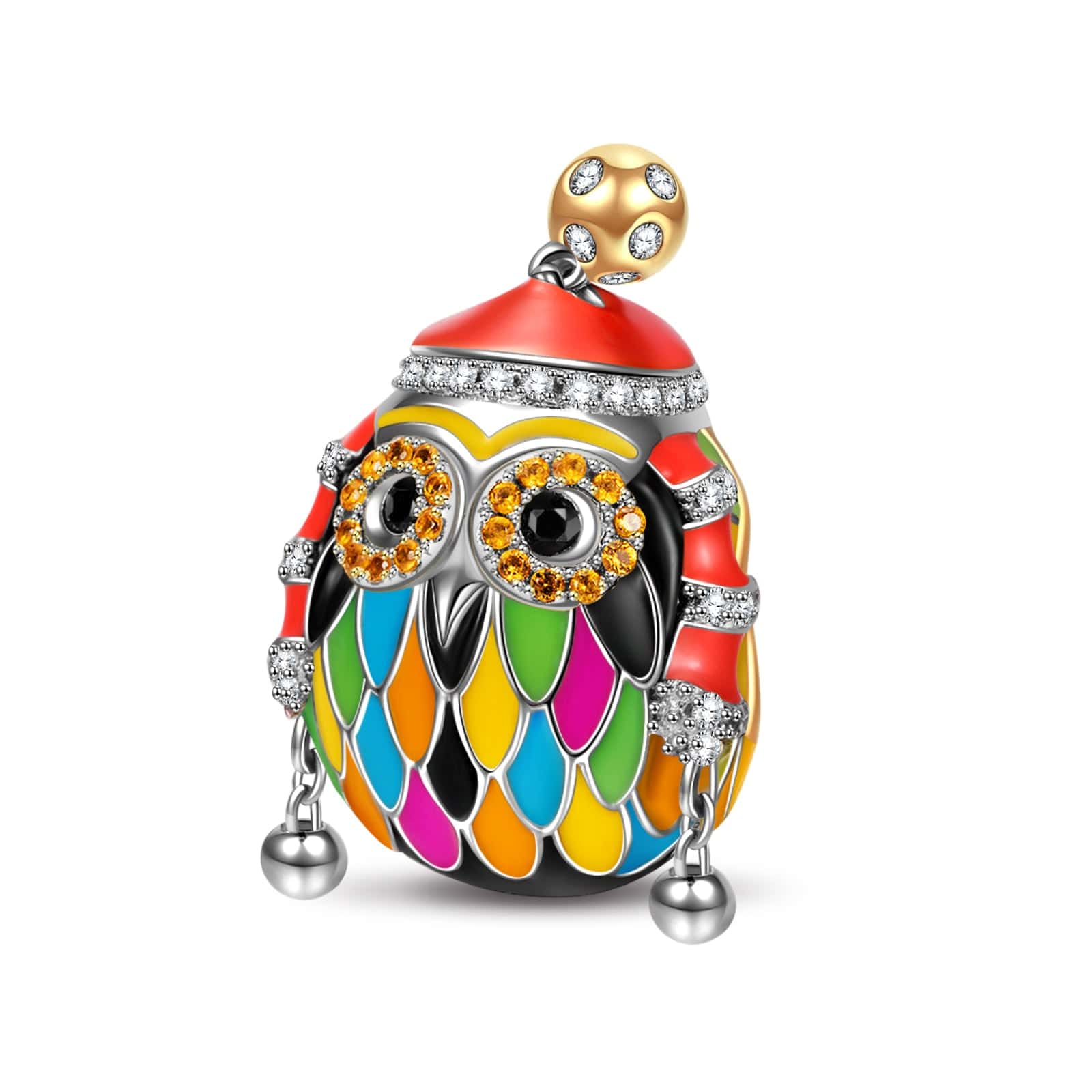 Sterling Silver Ski Owl Charms With Enamel In White Gold Plated - Image 2