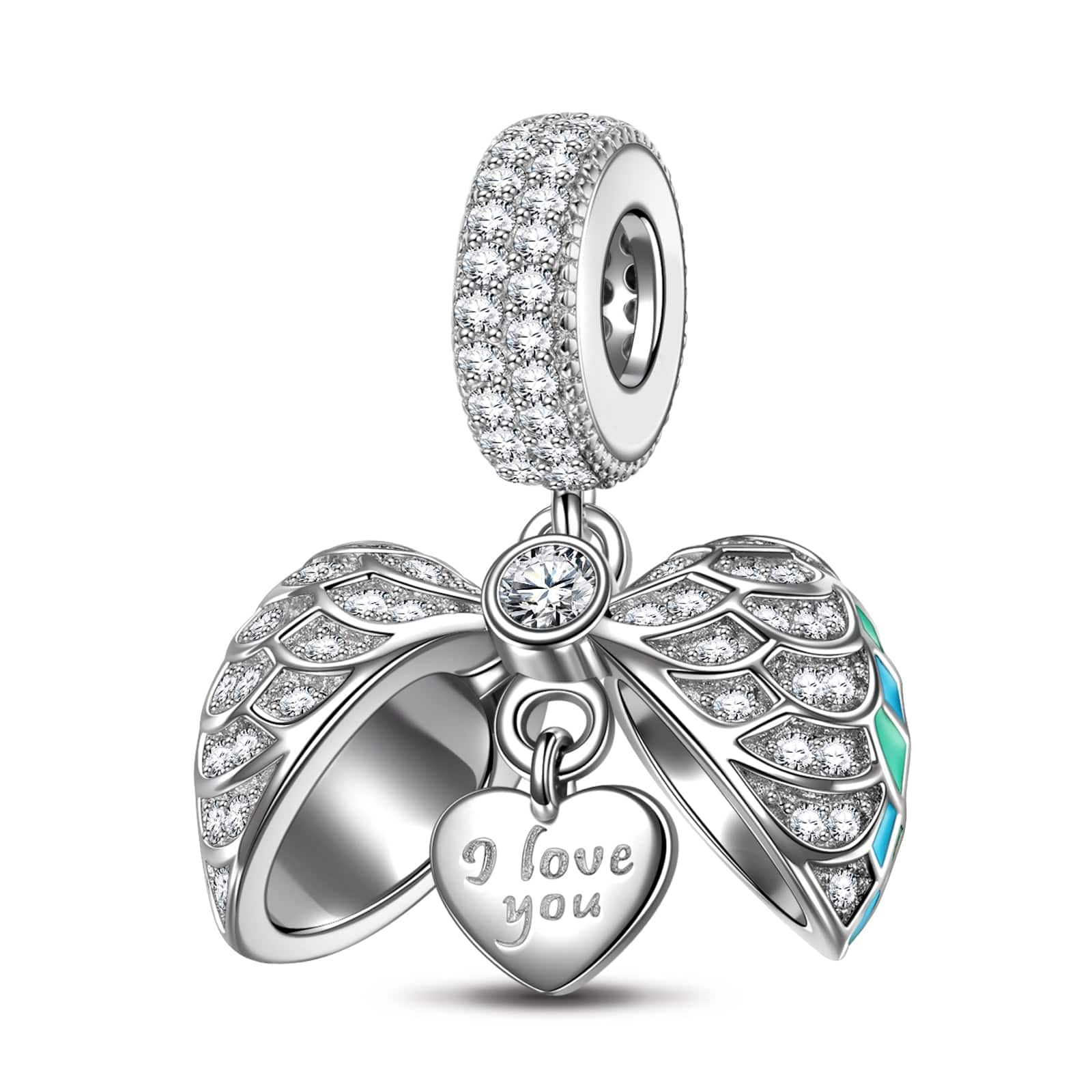 Sterling Silver Blue Surprising Love Dangle Charms With Enamel In White Gold Plated - Image 2