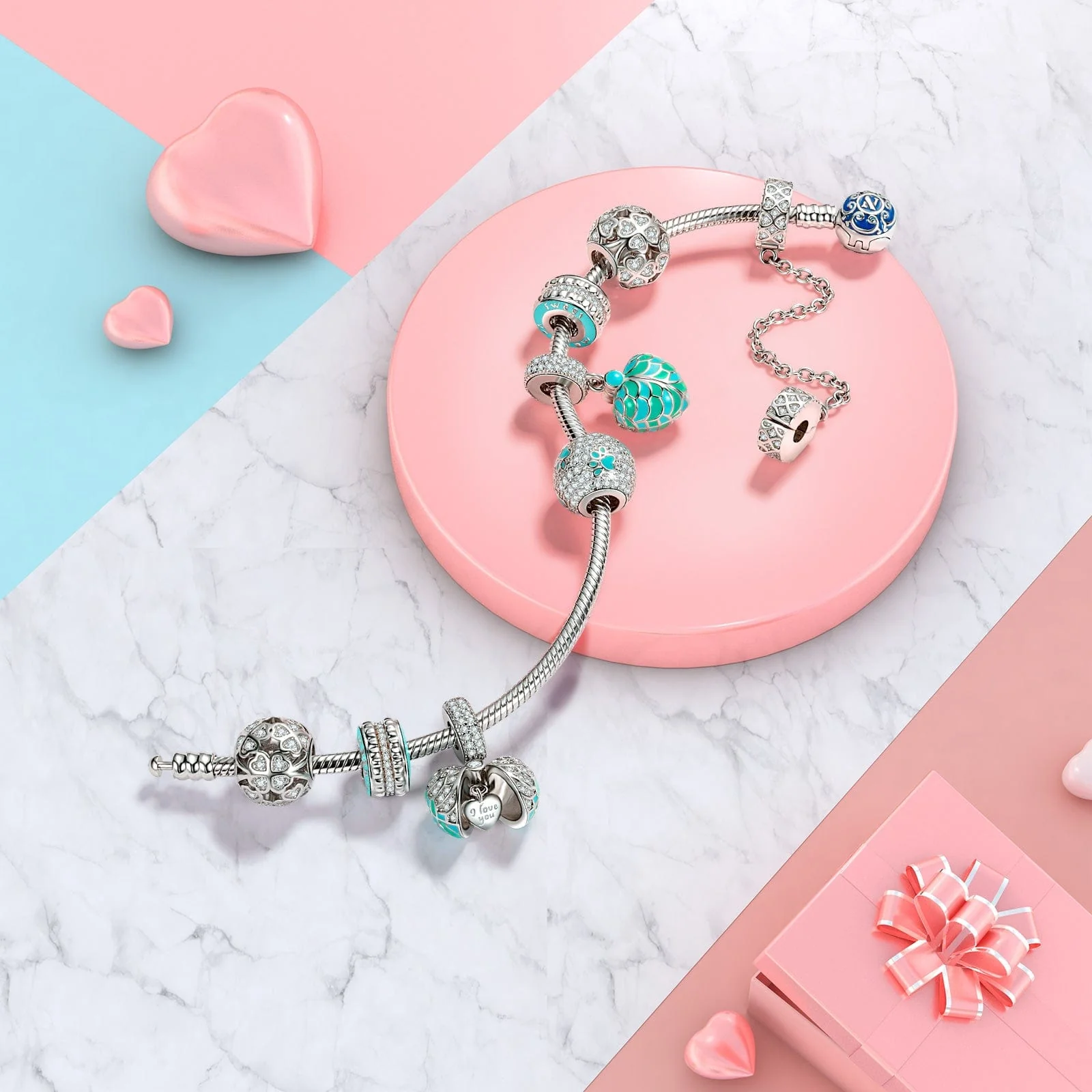 Sterling Silver Blue Surprising Love Dangle Charms With Enamel In White Gold Plated - Image 5