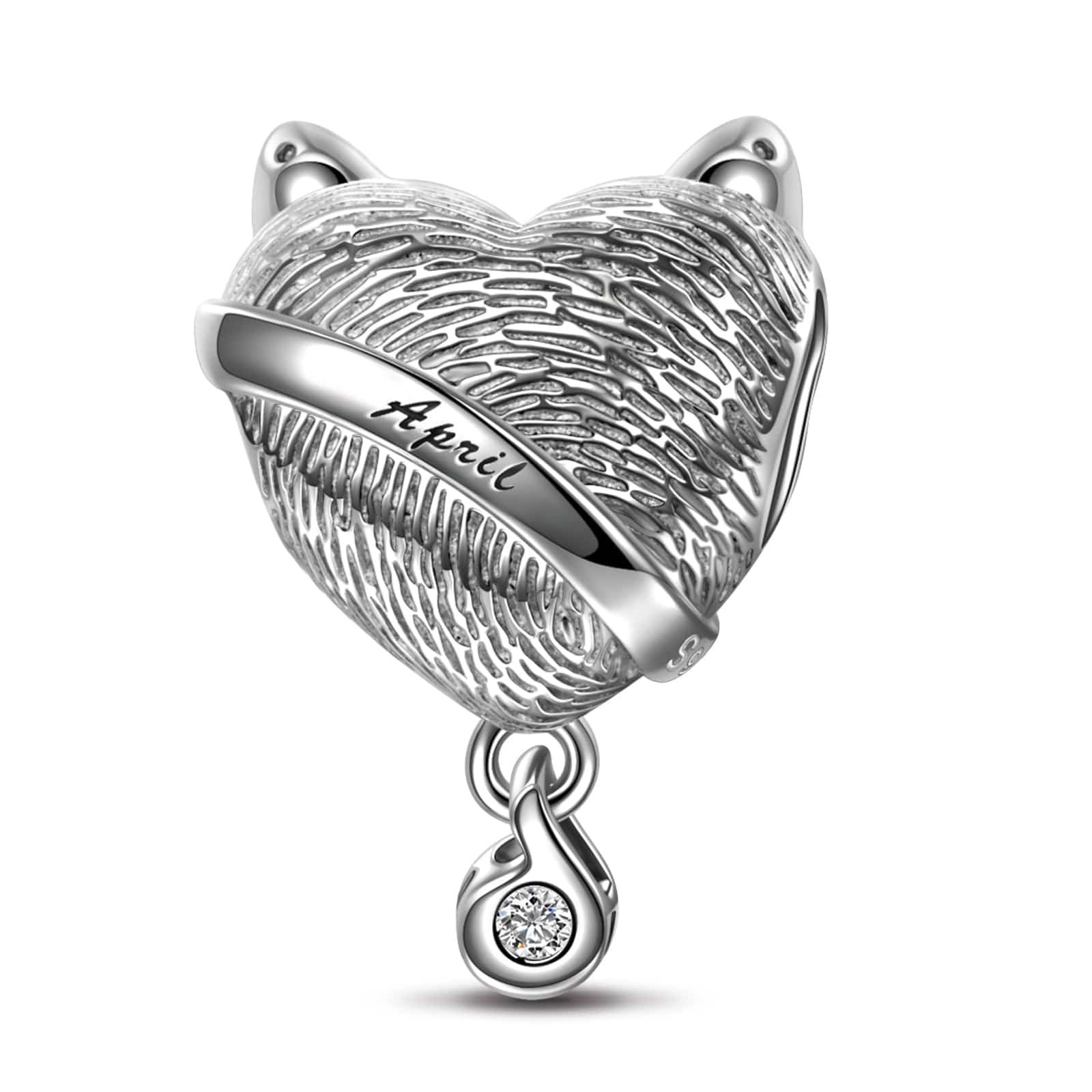 Sterling Silver April Fox Birthday Stone Dangle Charms In White Gold Plated - Image 2