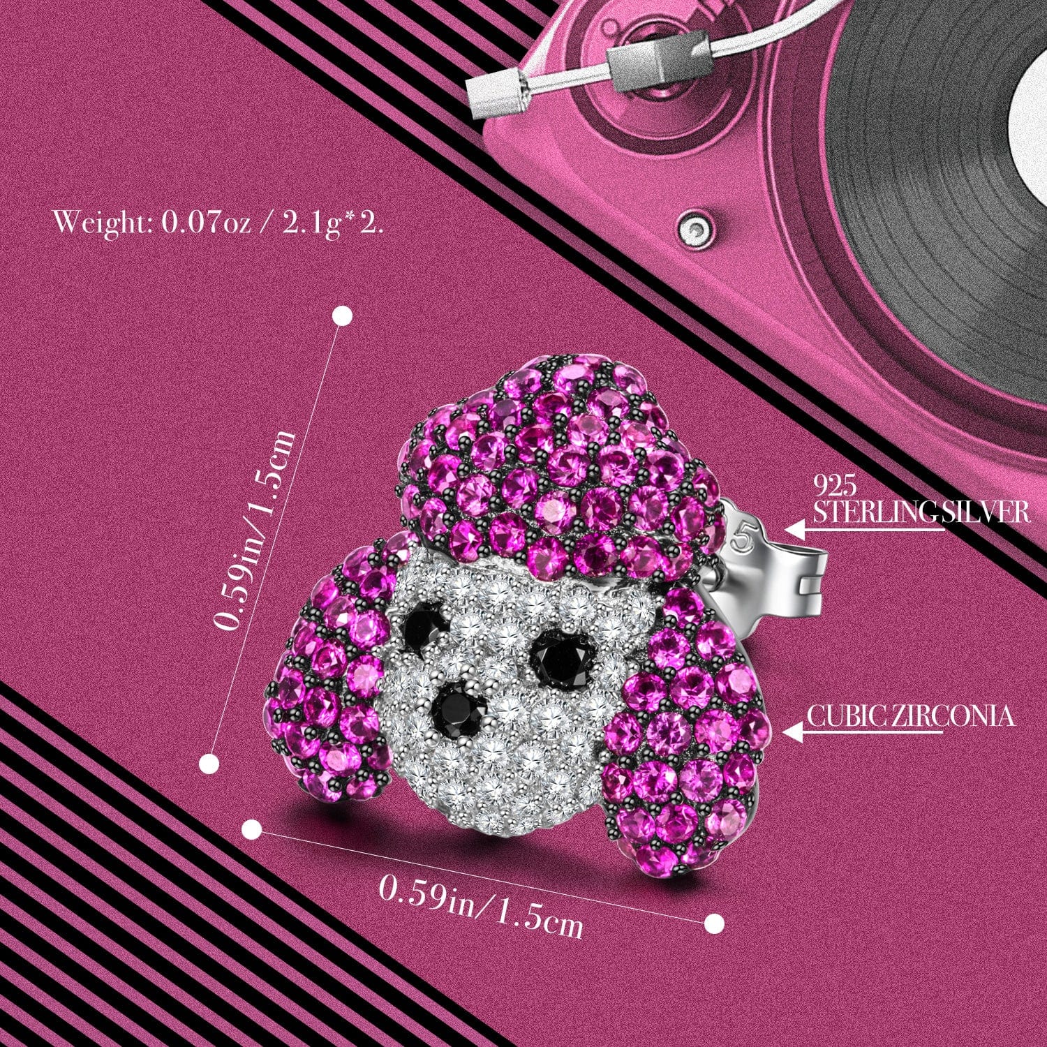 Sterling Silver Cute Poodle Furry Animal Earrings In White Gold Plated - Image 2