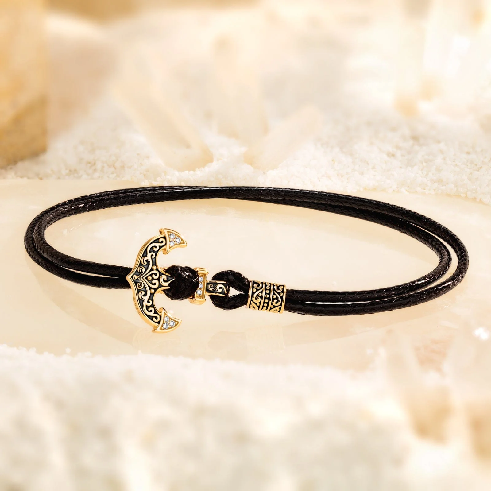 Black Leather Tarnish-resistant Silver Anchor Bracelet In 14K Gold Plated - Image 3