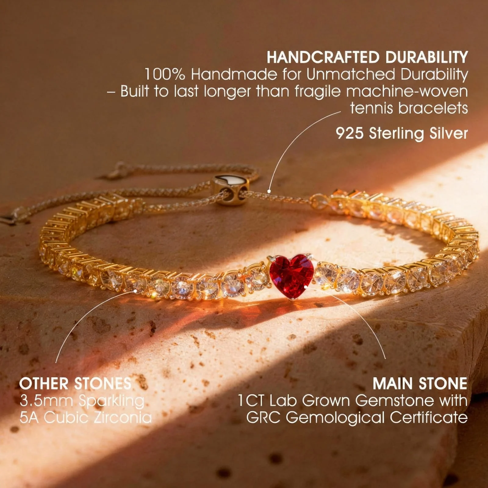 Lab-Created Heart Ruby Tarnish-Resistant Silver Chain Bracelet In 14K Gold Plated - Image 3
