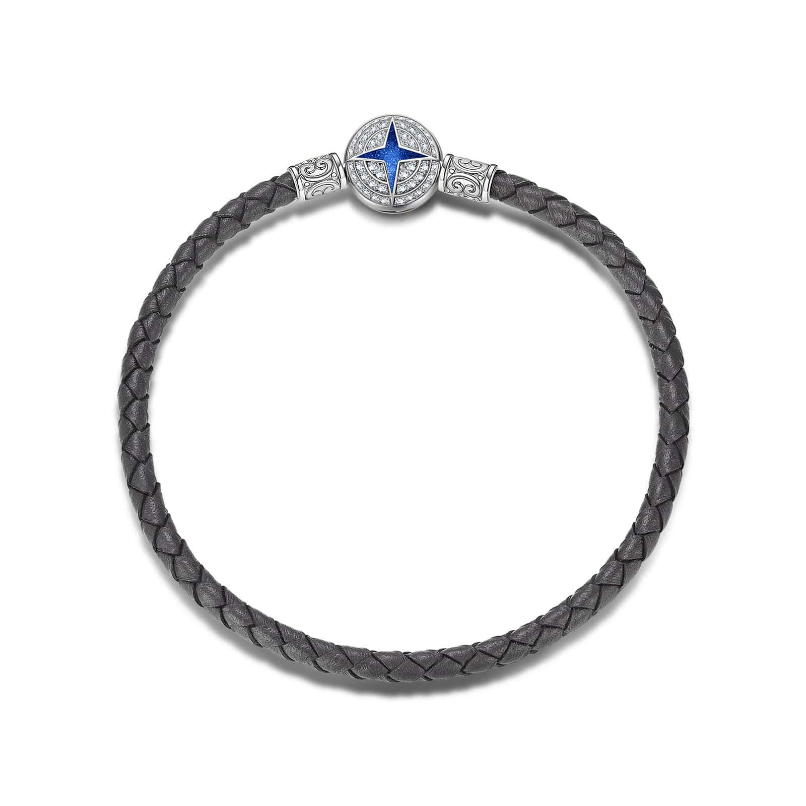 Sterling Silver Universal Polaris Grey Leather Bracelet With Enamel In White Gold Plated