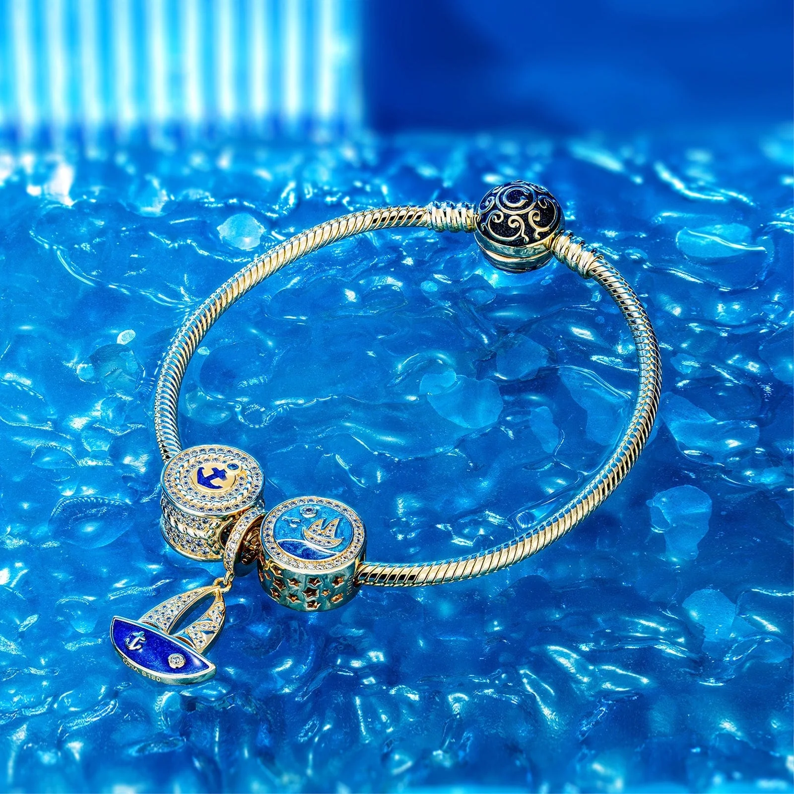 Blue Sailboat Tarnish-resistant Silver Dangle Charms With Enamel In 14K Gold Plated - Image 3
