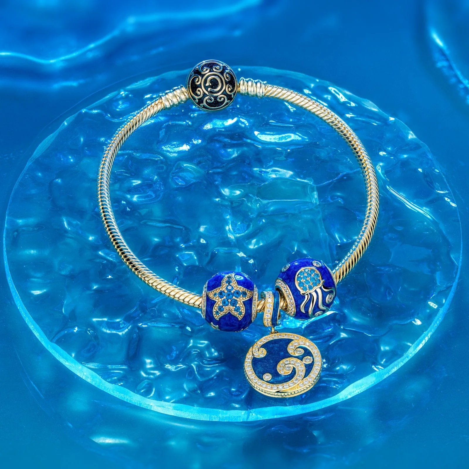Blue Ocean Waves Tarnish-resistant Silver Dangle Charms With Enamel In 14K Gold Plated - Image 3