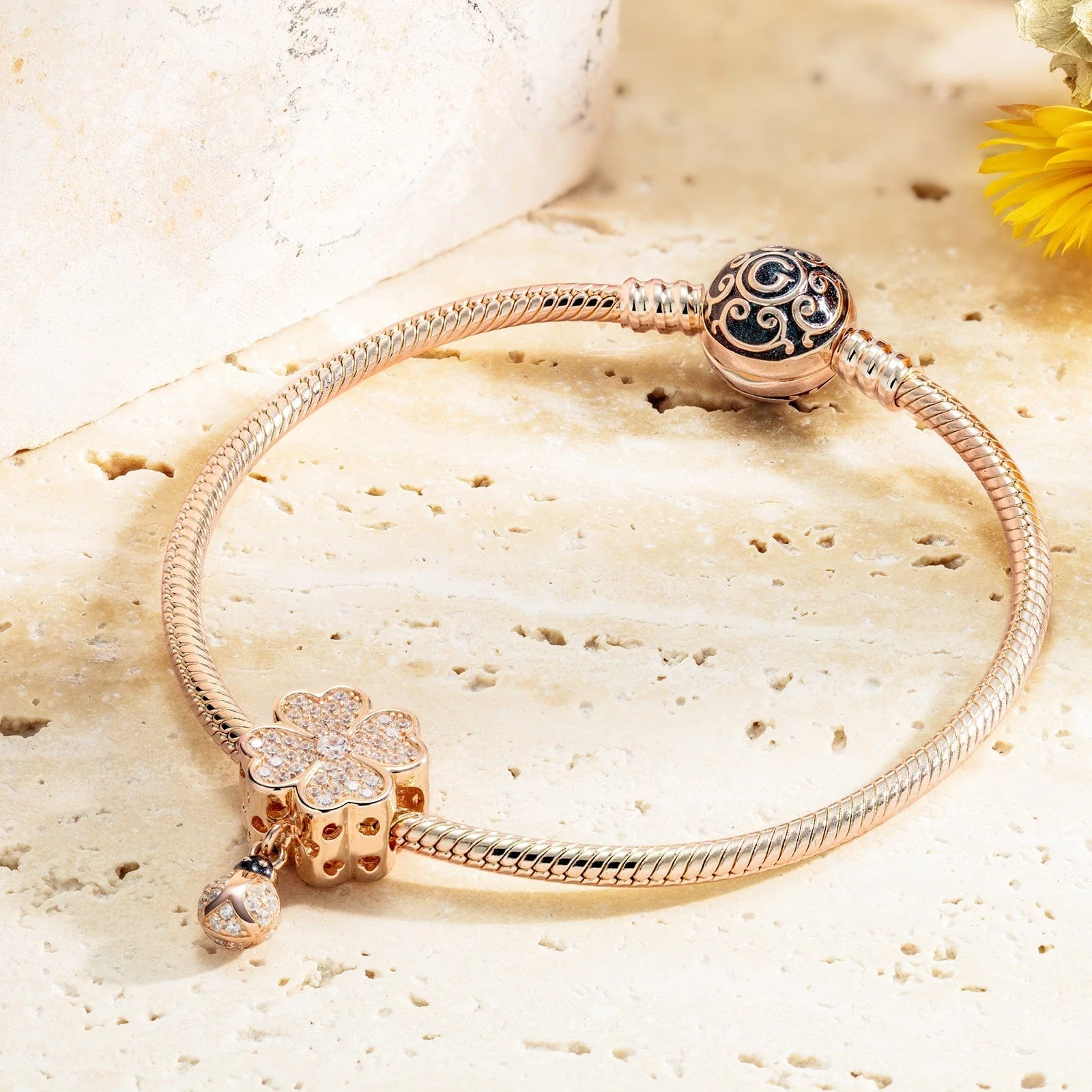 Encounter With Clover Tarnish-resistant Silver Dangle Charms In Rose Gold Plated - Image 3