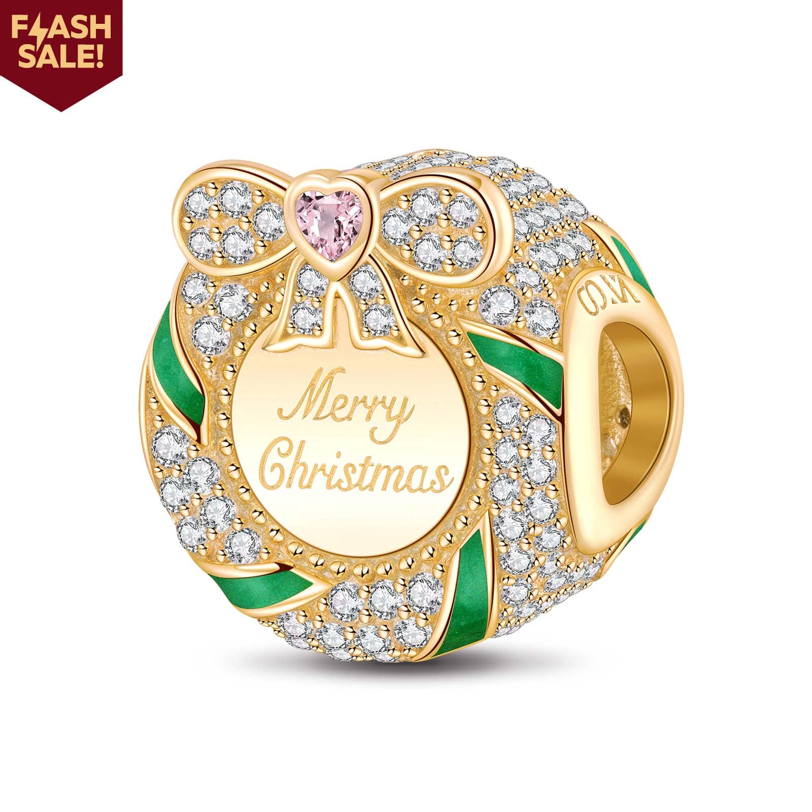 Merry Christmas Wreath Tarnish-resistant Silver Charms With Enamel In 14K Gold Plated