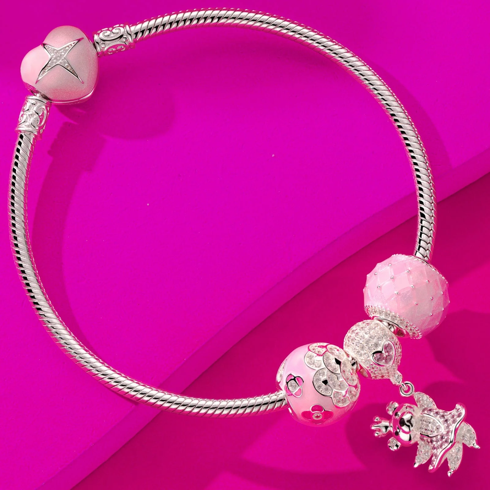 Pink Rattle Tarnish-resistant Silver Charms With Enamel In White Gold Plated - Image 3