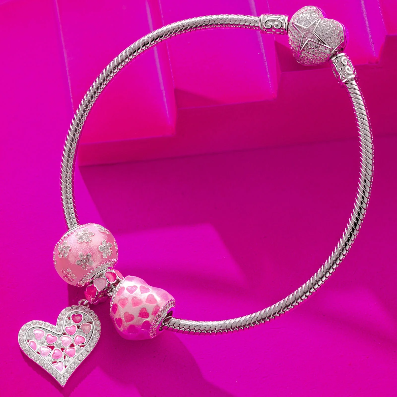 Pink Flowers Tarnish-resistant Silver Charms With Enamel In White Gold Plated - Image 4