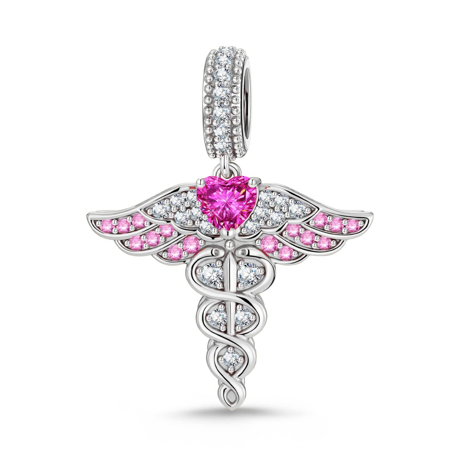 Healing Caduceus Tarnish-resistant Silver Dangle Charms In White Gold Plated