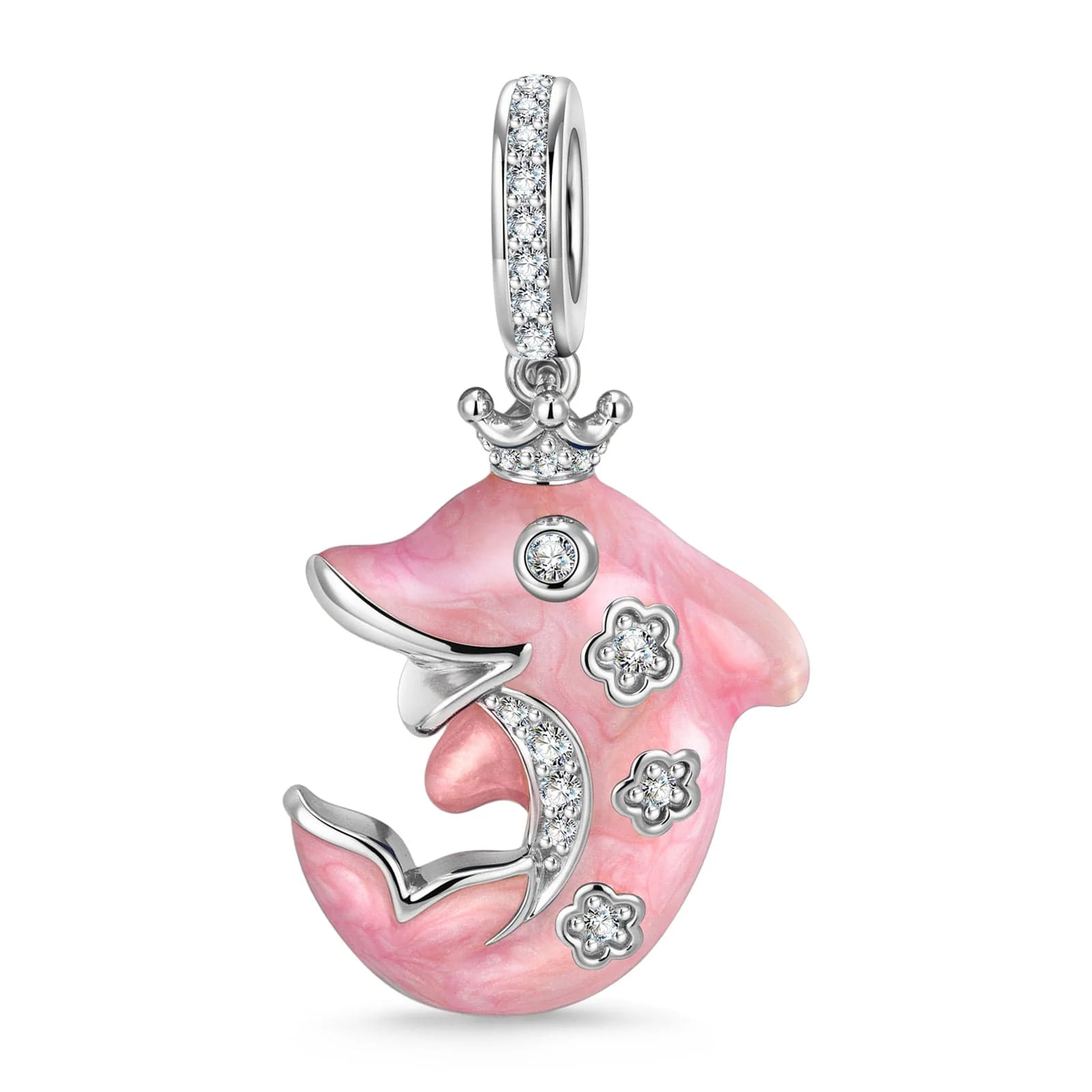 Glowing Dolphin Tarnish-resistant Silver Dangle Charms With Enamel In White Gold Plated