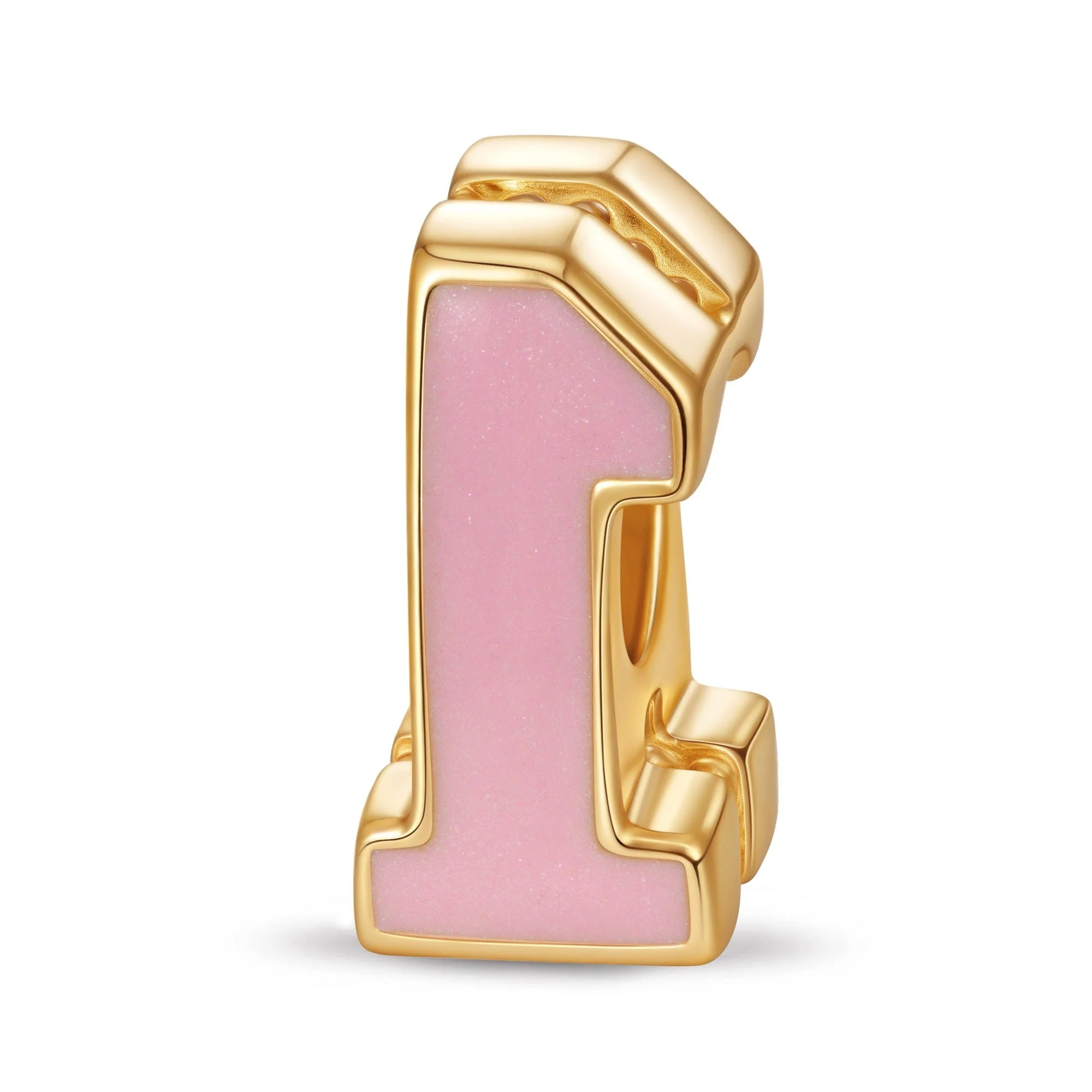 Double Sided Number One Charm with Sparkling Pave Front and Pink Enamel Back in 14K Gold Plated Tarnish Resistant Silver - Image 2