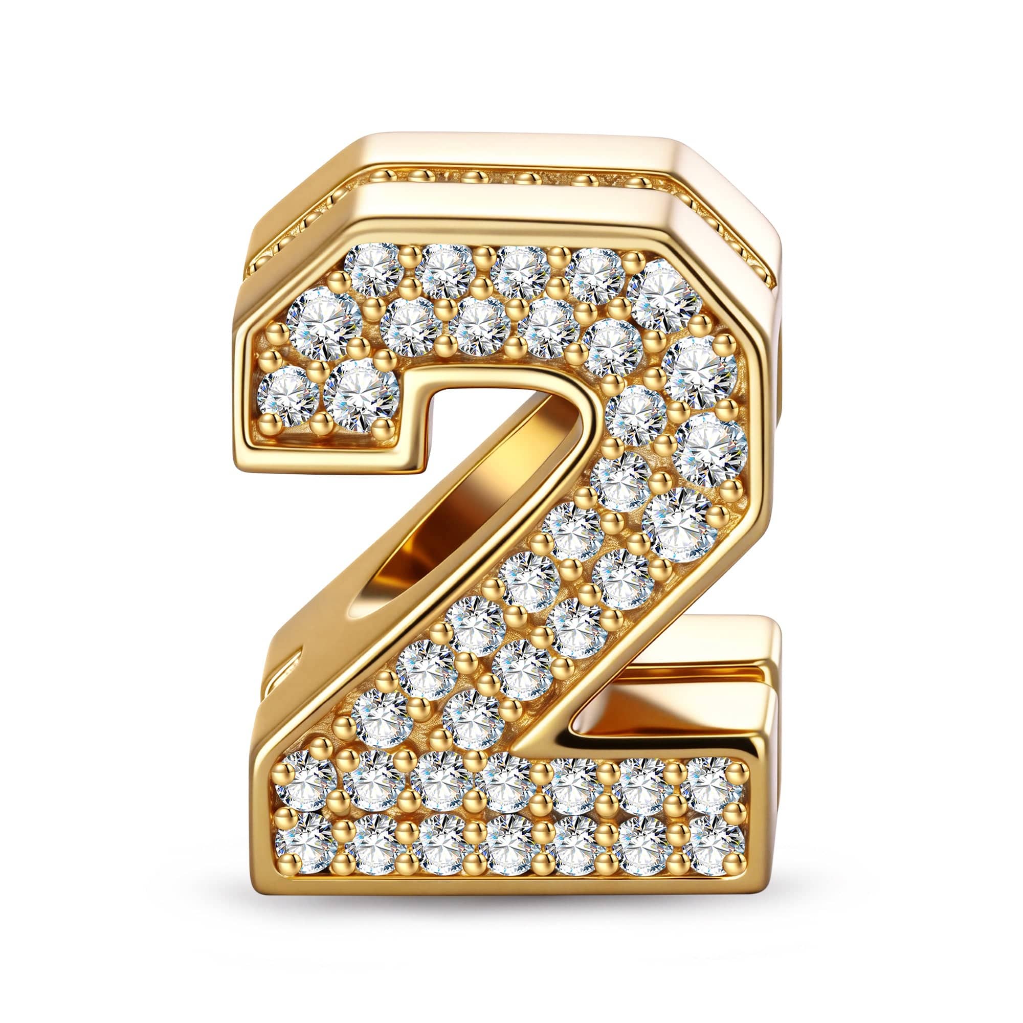 Double Sided Number Two Charm with Sparkling Pave Front and Pink Enamel Back in 14K Gold Plated Tarnish Resistant Silver