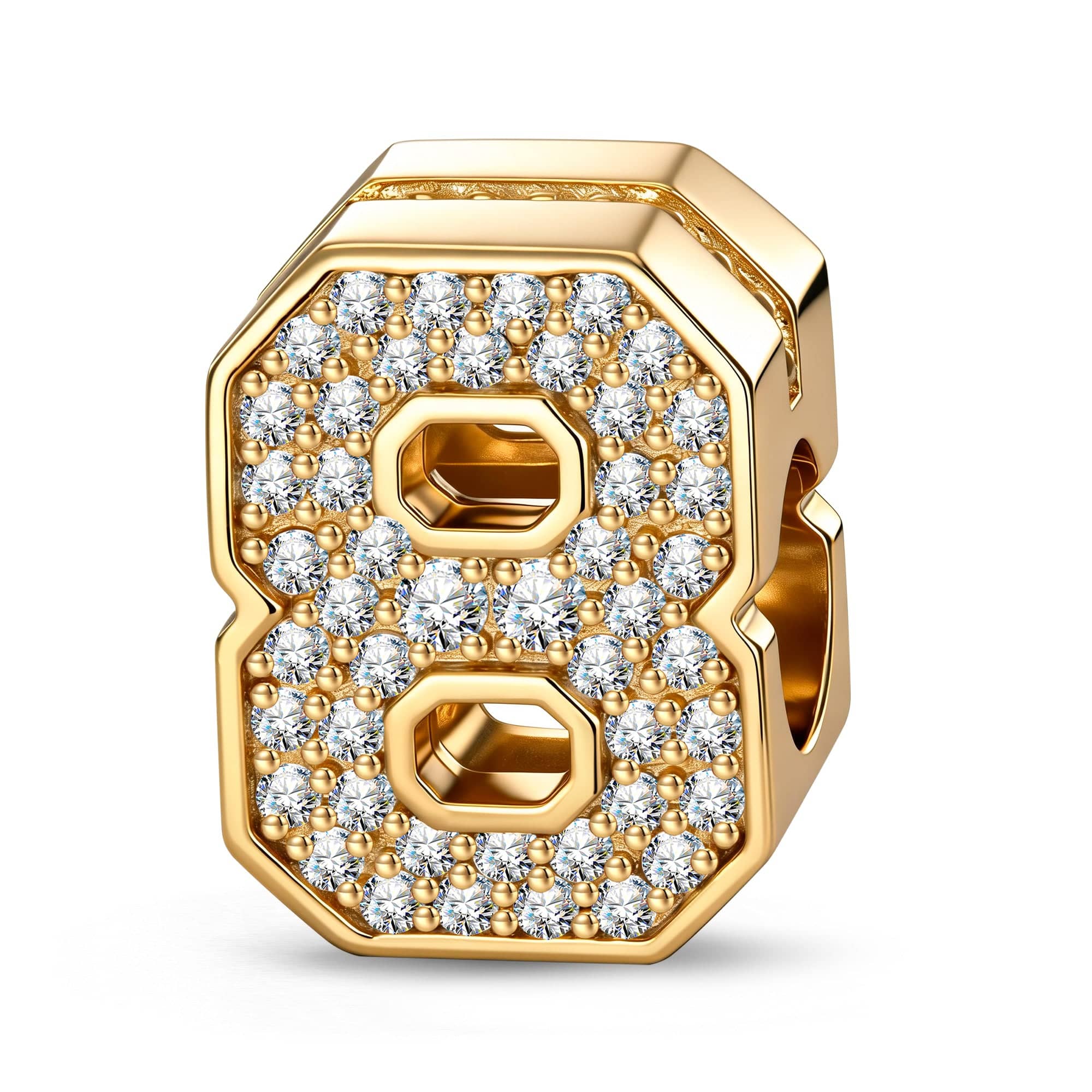 Double Sided Number Eight Charm with Sparkling Pave Front and Pink Enamel Back in 14K Gold Plated Tarnish Resistant Silver