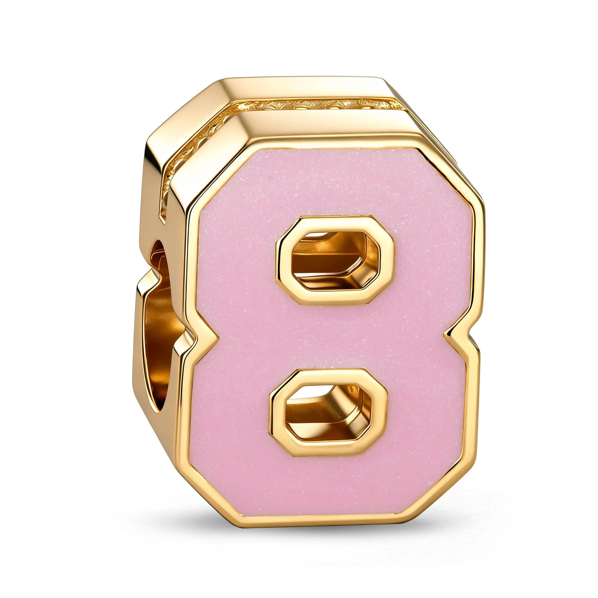 Double Sided Number Eight Charm with Sparkling Pave Front and Pink Enamel Back in 14K Gold Plated Tarnish Resistant Silver - Image 2