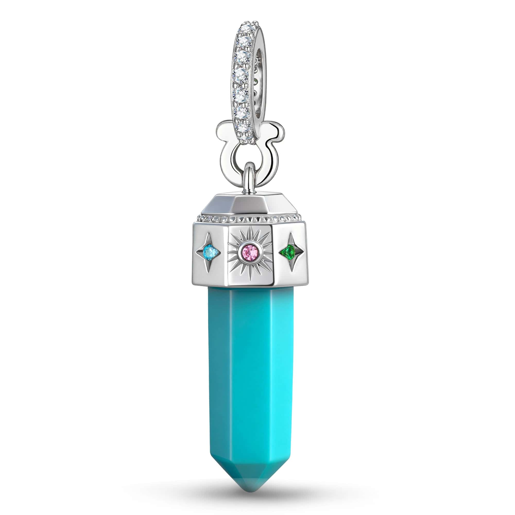Natural Turquoise Sun & Star Talisman Dangle Charm -  White Gold-Plated Tarnish-resistant Silver