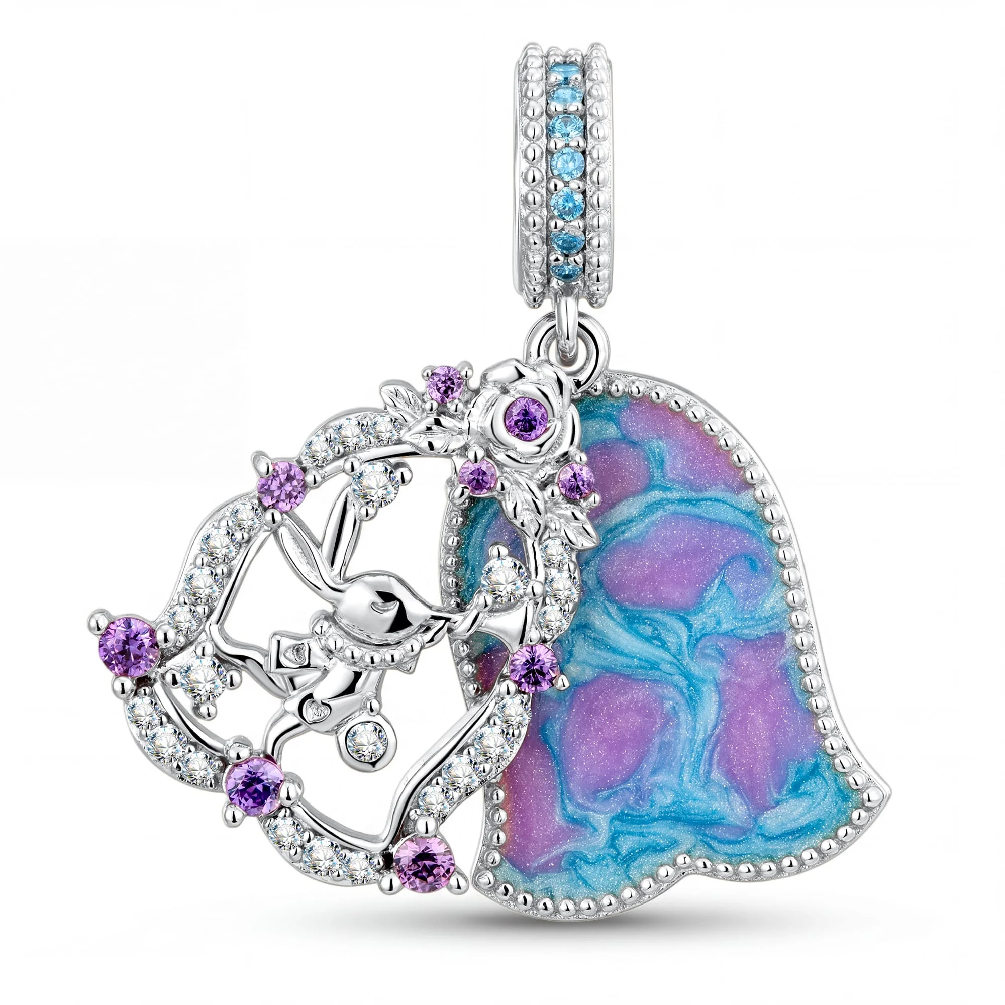 Pavé Enamel Rabbit Tarnish-Resistant Silver Charm In White Gold Plated - Image 2