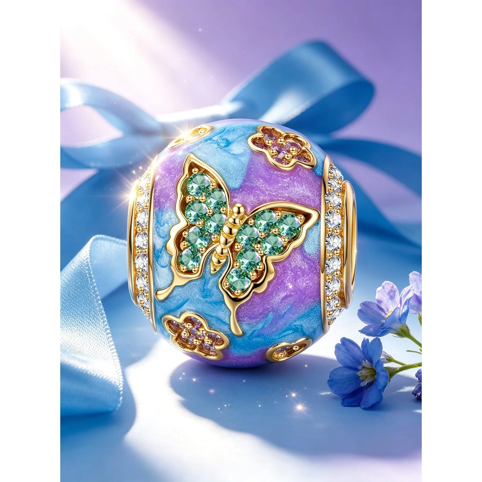 Wonderland Floral Butterfly Tarnish-Resistant Silver Charm In 14K Gold Plated - Image 2