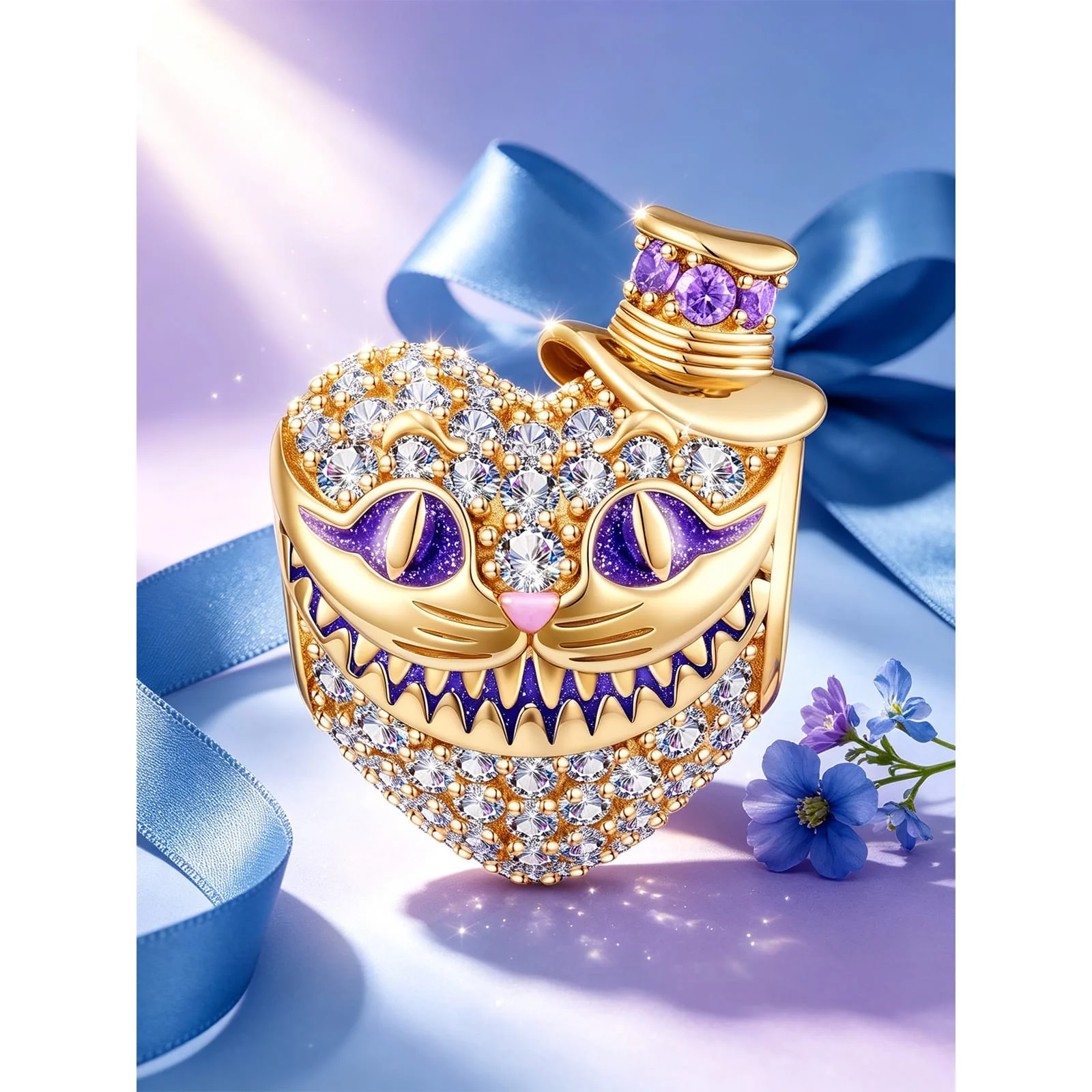 Alice in Wonderland Cheshire Cat Tarnish-Resistant Silver Charm In 14K Gold Plated - Image 2