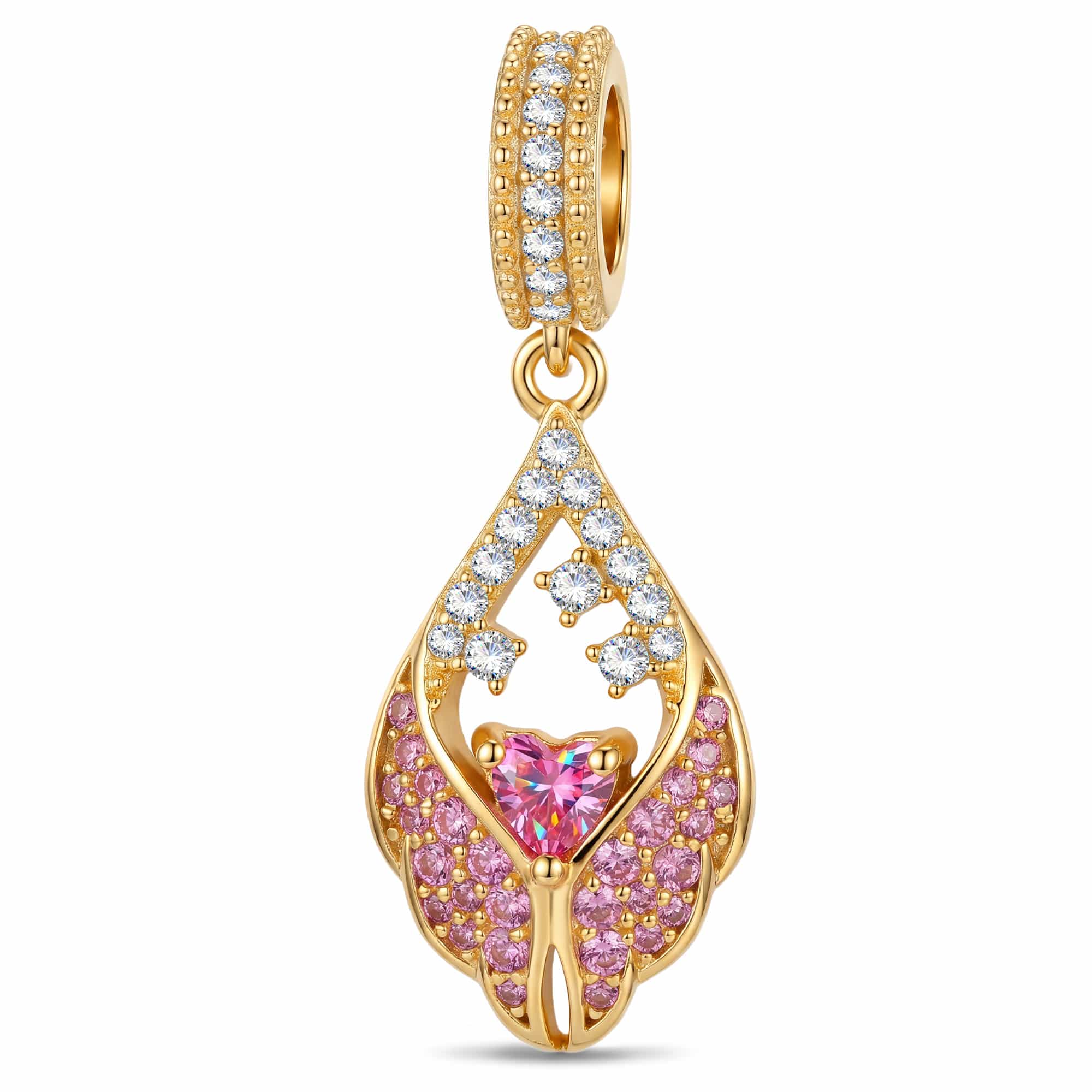 Angel Wing Heart Tarnish-resistant Silver Dangle Charms In 14K Gold Plated