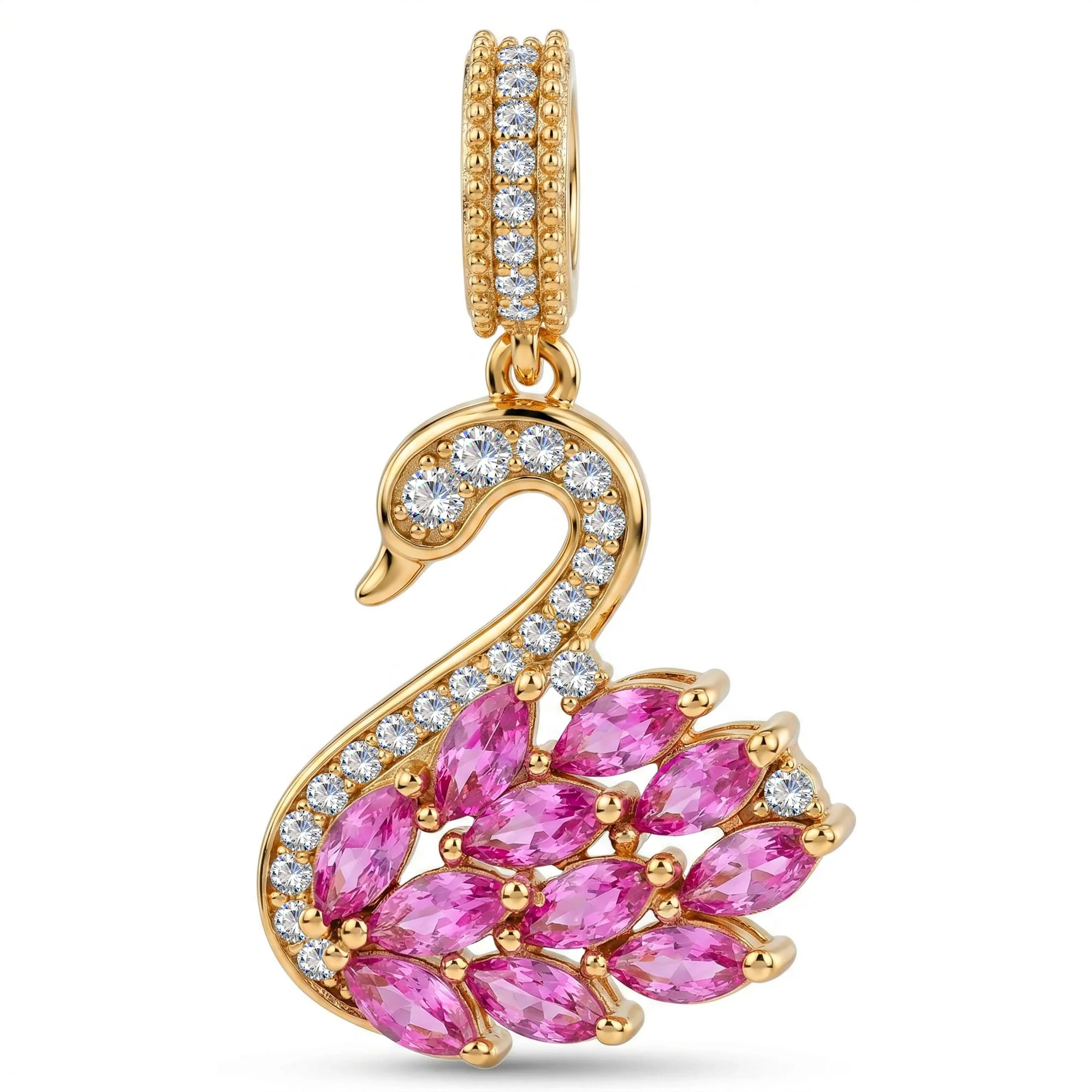 Regal Plume Swan Tarnish-Resistant Silver Dangle Charm In 14K Gold Plated