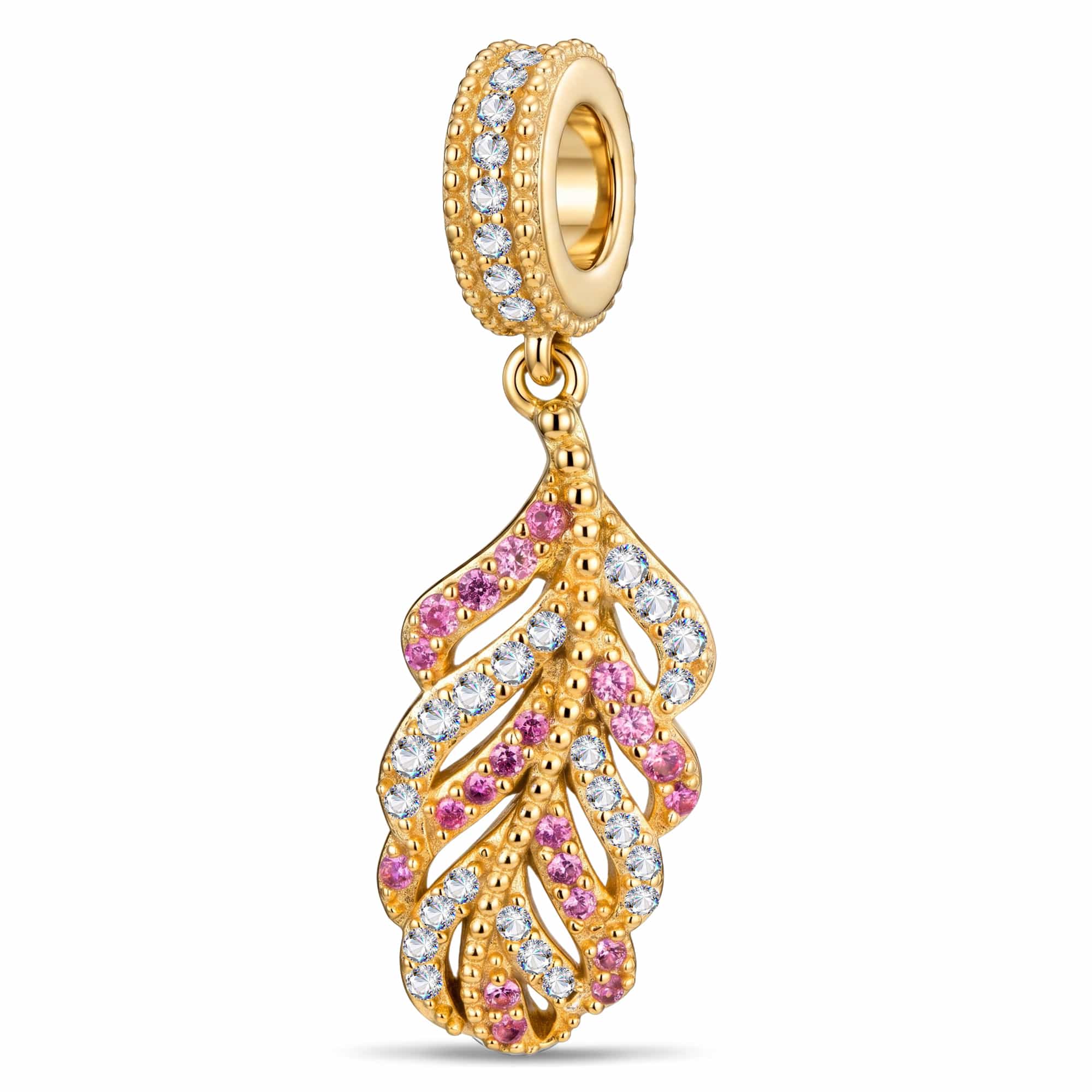 Airy Feather Gemstone Tarnish-resistant Silver Dangle Charms In 14K Gold Plated
