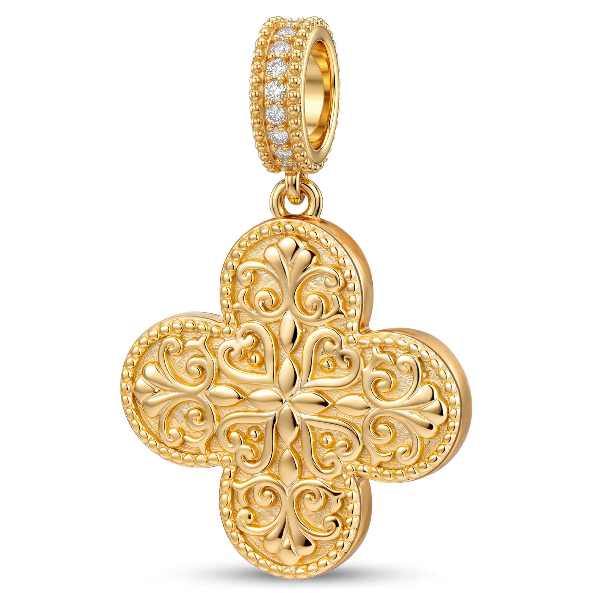 Ornate Pink Enamel Clover Tarnish-Resistant Silver Dangle Charm In 14K Gold Plated - Image 2