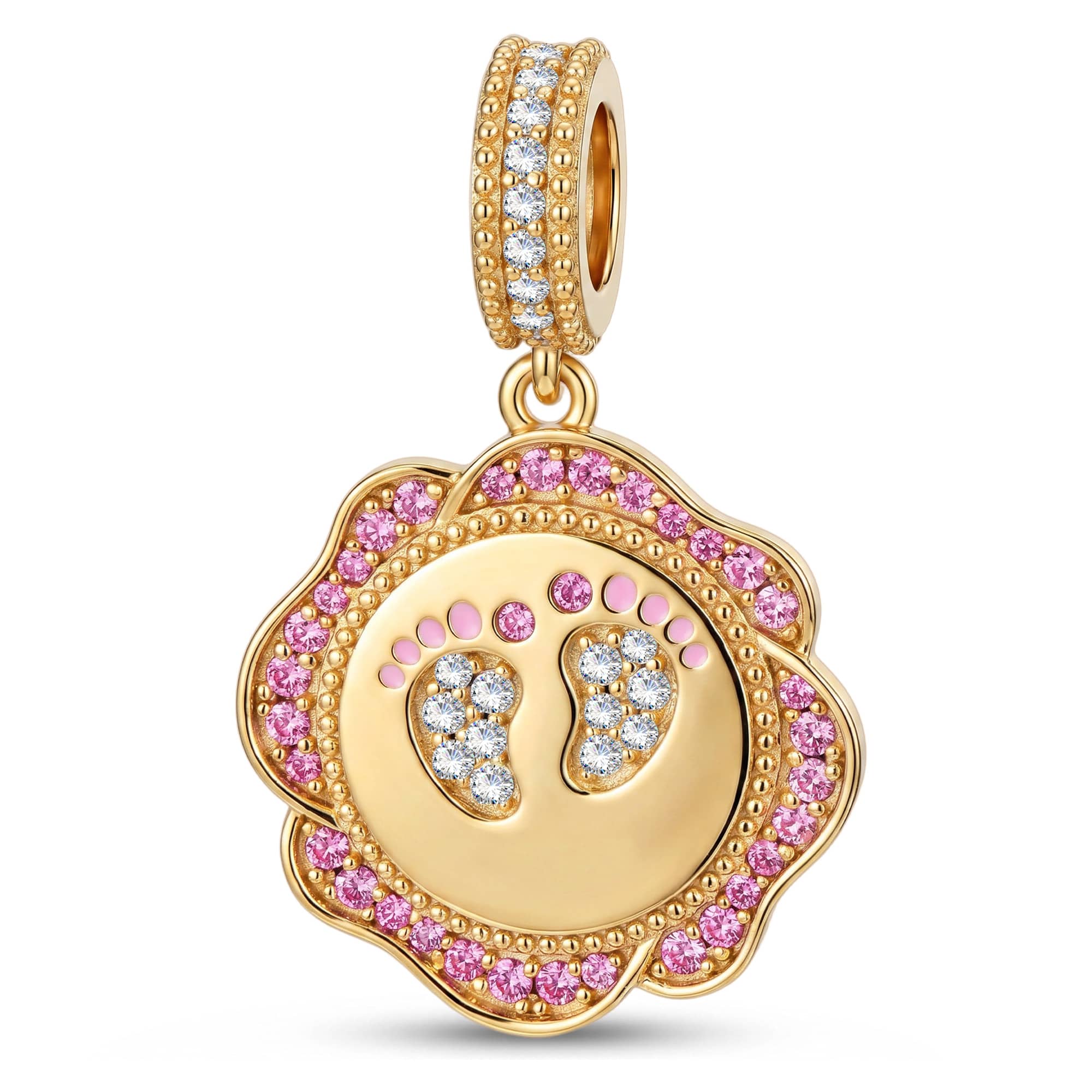 Engravable (Blank Default) Newborn Footprints Tarnish-Resistant Silver Dangle Charm In 14K Gold Plated