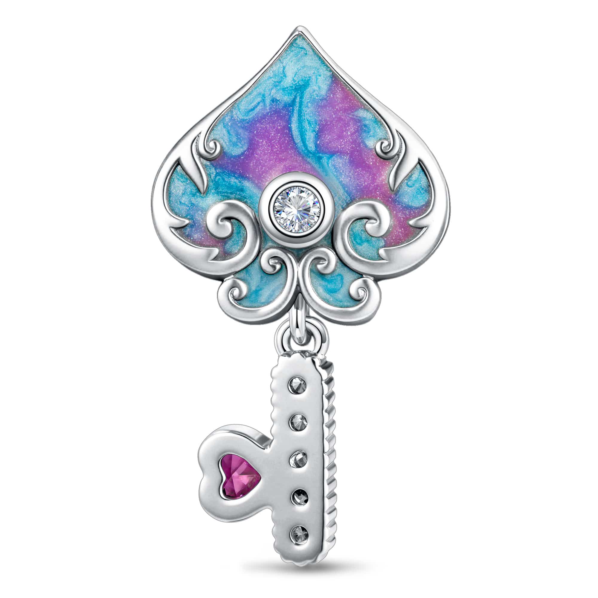 Gradient Enamel Spade & Key Tarnish-Resistant Silver Charm In White Gold Plated - Image 2