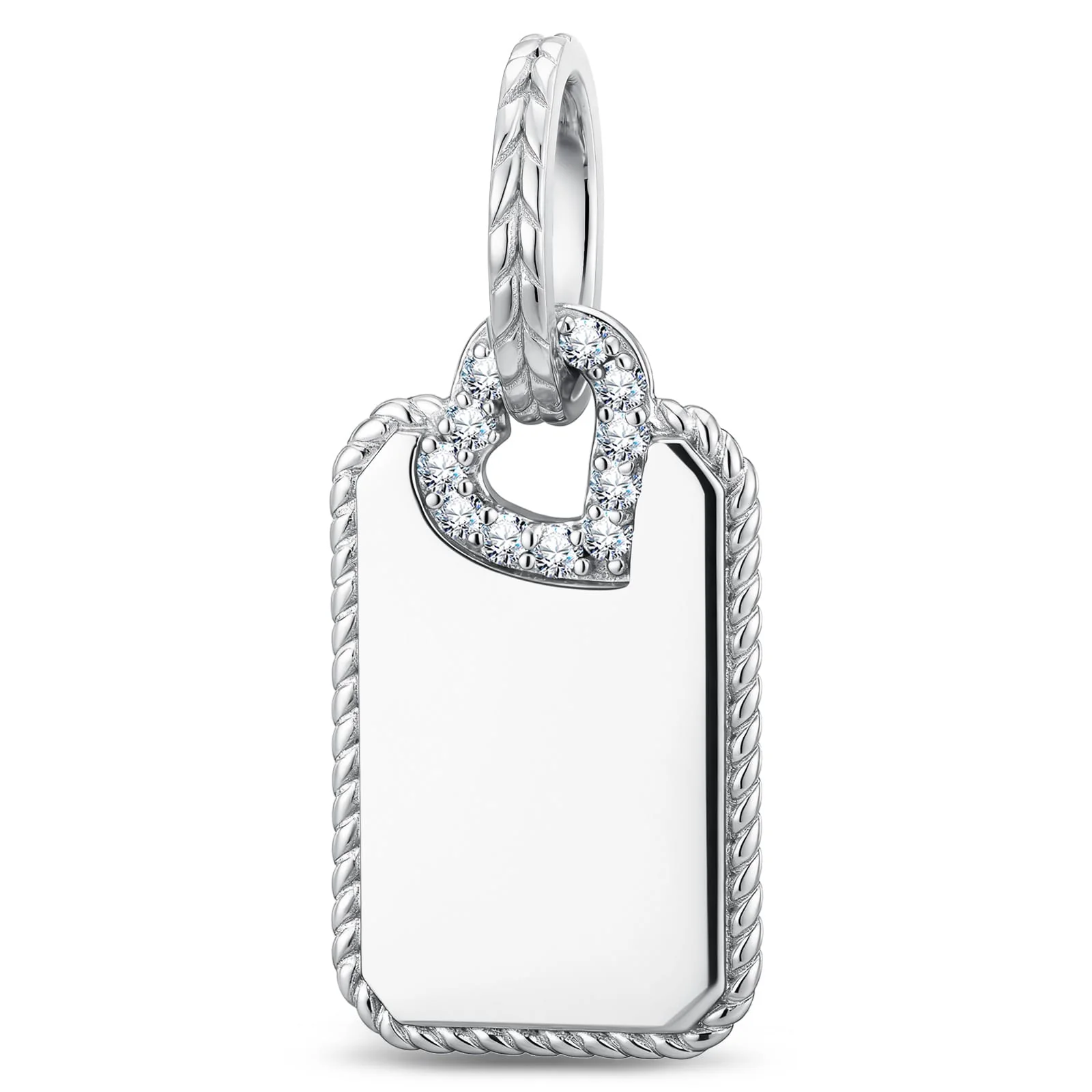 Personalized Engravable Polished Milgrain Tag Tarnish-Resistant Silver Charm In White Gold Plated