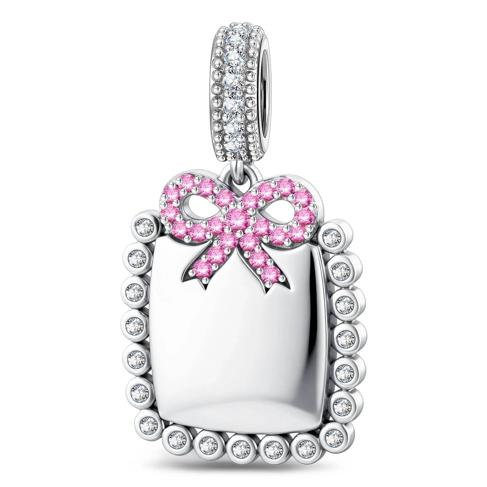 Personalized Engravable Ribbon Milgrain Tag Tarnish-Resistant Silver Charm In White Gold Plated