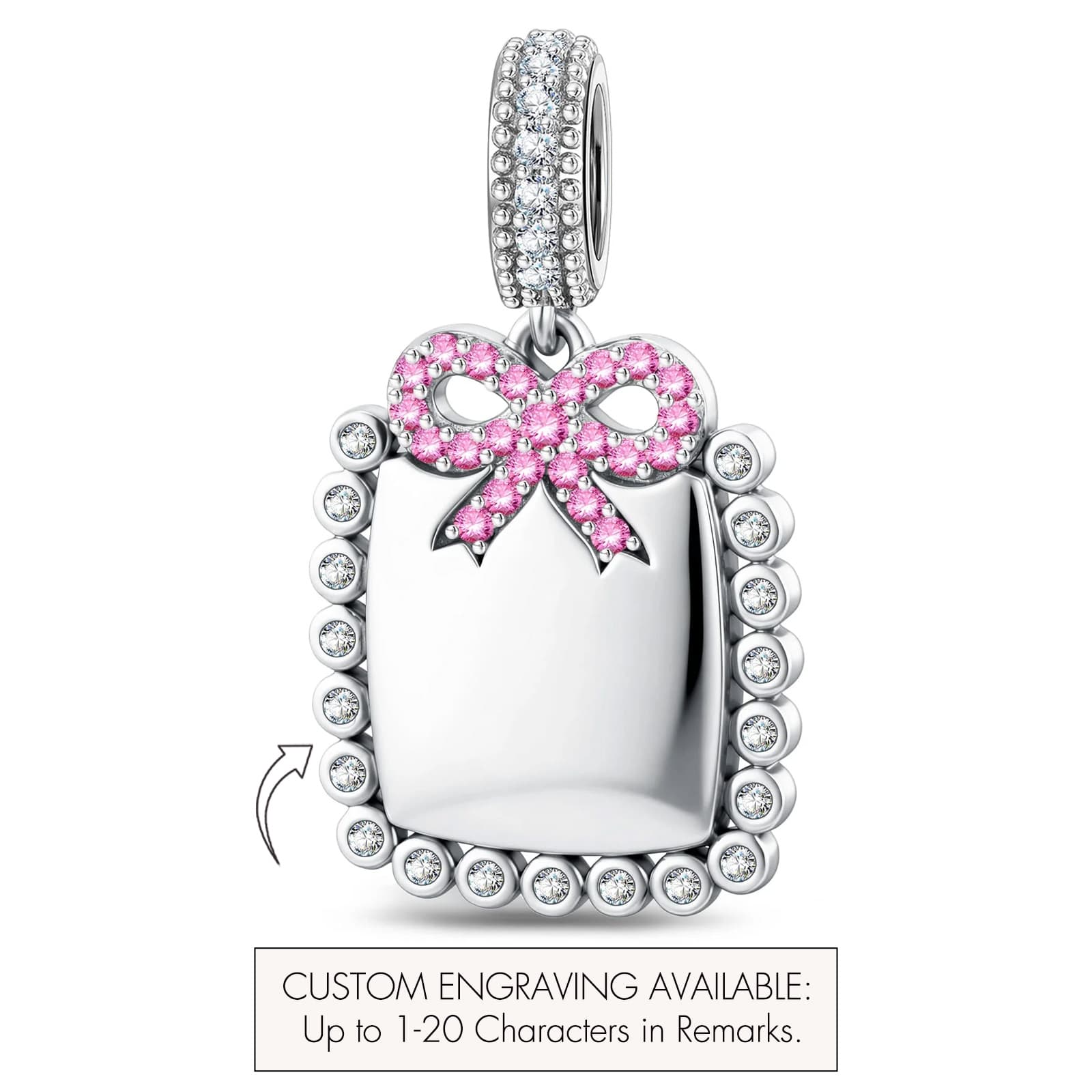 Personalized Engravable Ribbon Milgrain Tag Tarnish-Resistant Silver Charm In White Gold Plated - Image 2