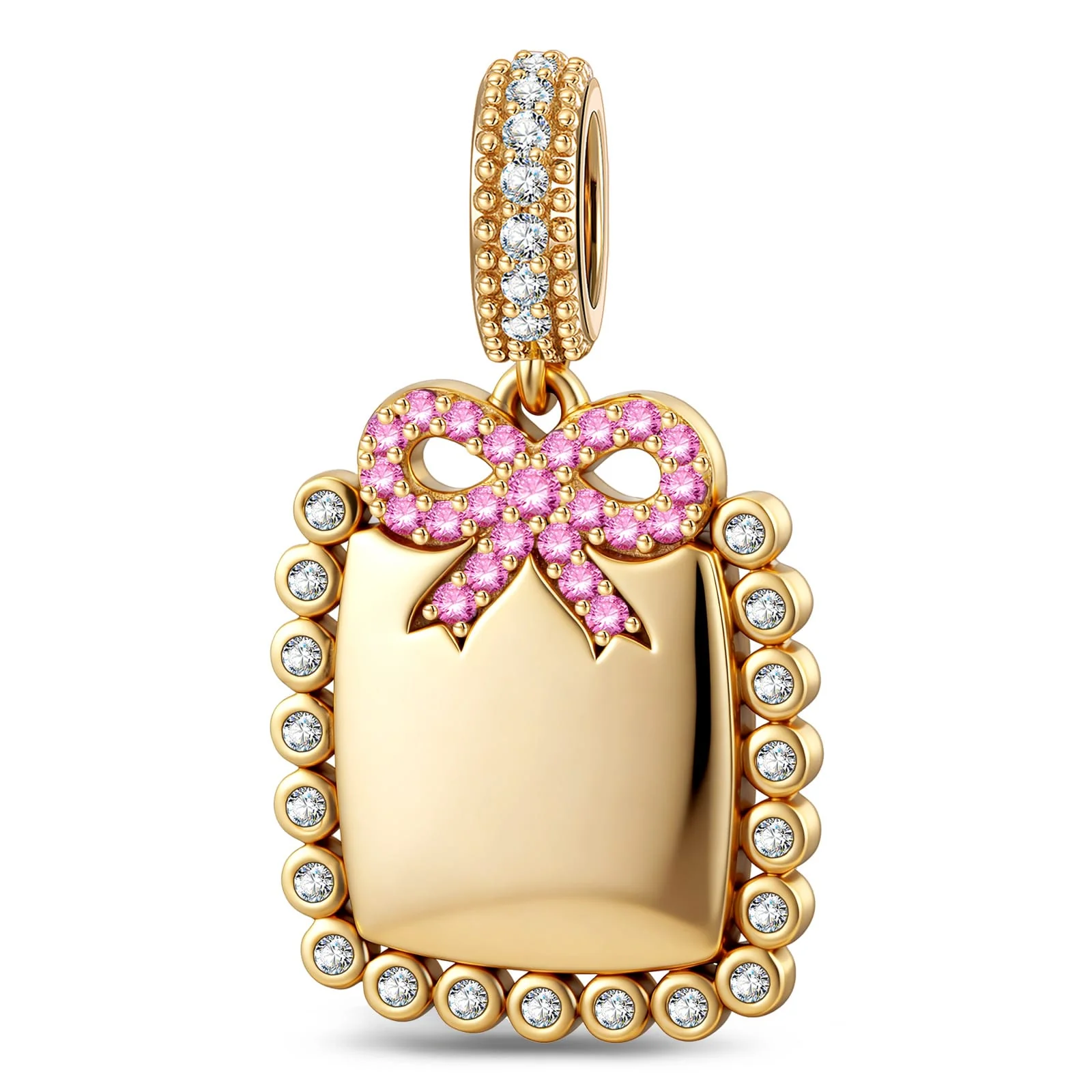 Personalized Engravable Ribbon Milgrain Tag Tarnish-Resistant Silver Charm In 14K Gold Plated