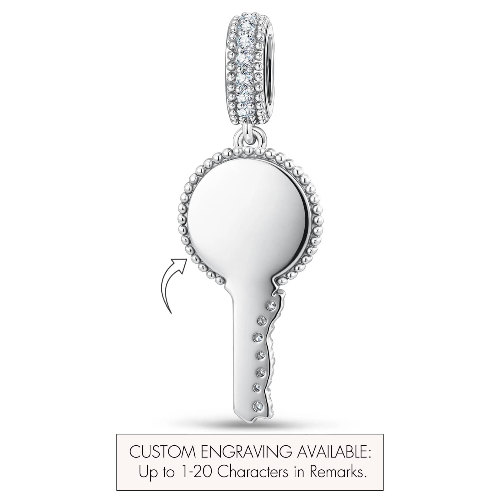 Personalized Engravable Pavé Minimal Key Tarnish-Resistant Silver Charm In White Gold Plated - Image 2