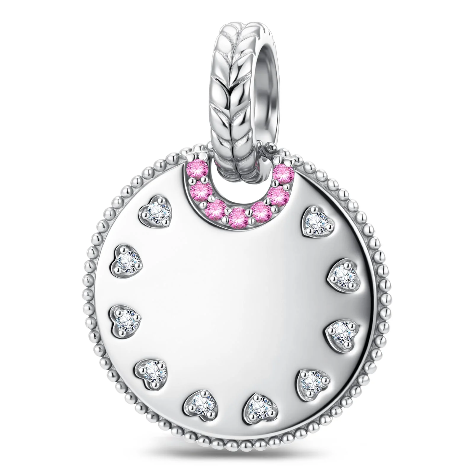 Personalized Engravable Pink Halo Medallion Tarnish-Resistant Silver Charm In White Gold Plated