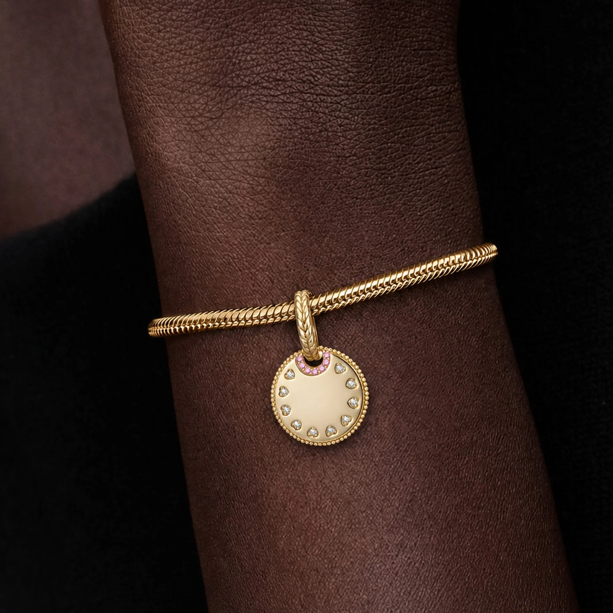Personalized Engravable Pink Halo Medallion Tarnish-Resistant Silver Charm In 14K Gold Plated - Image 3
