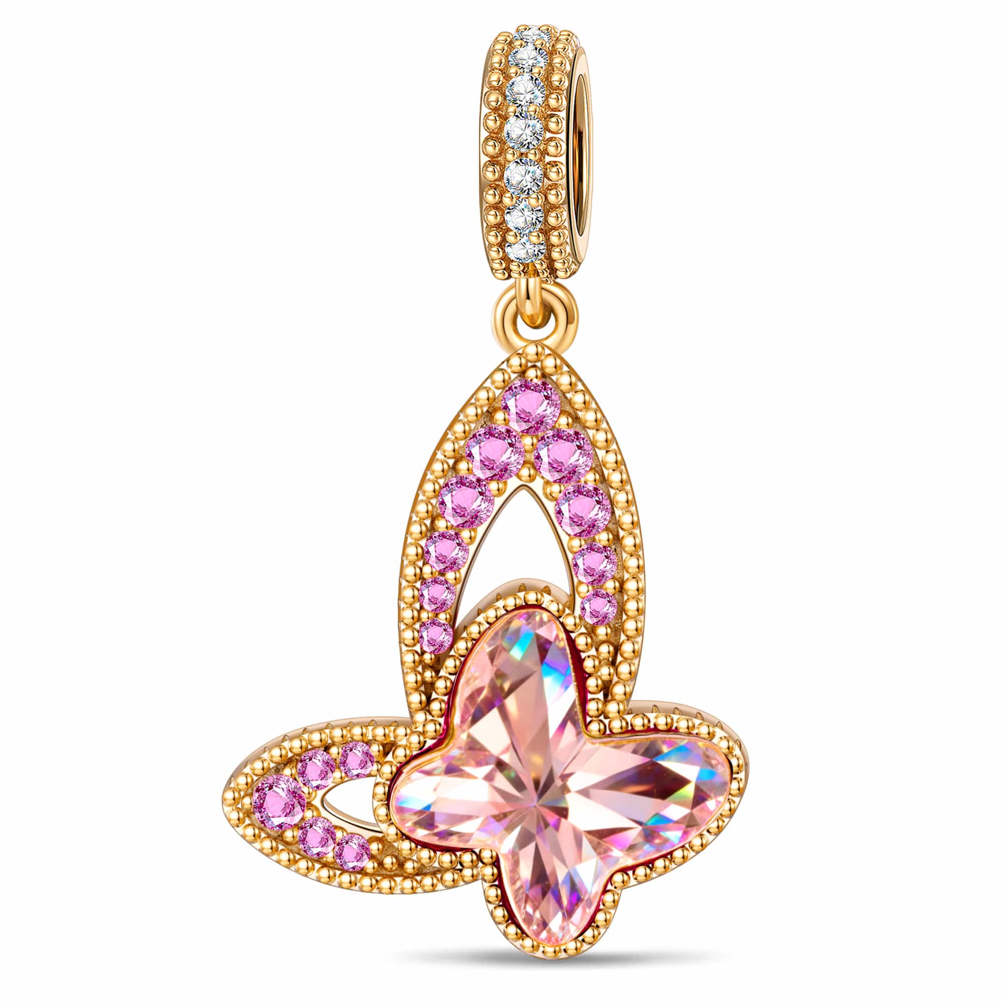 Pink Butterfly Dangle Charm Created with Swarovski® Crystals 14K Gold-Plated Tarnish-Resistant Silver