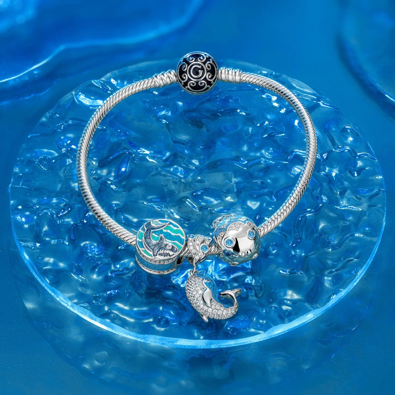 Sterling Silver Cute Blue Whale Dangle Charms With Enamel In White Gold Plated - Image 3
