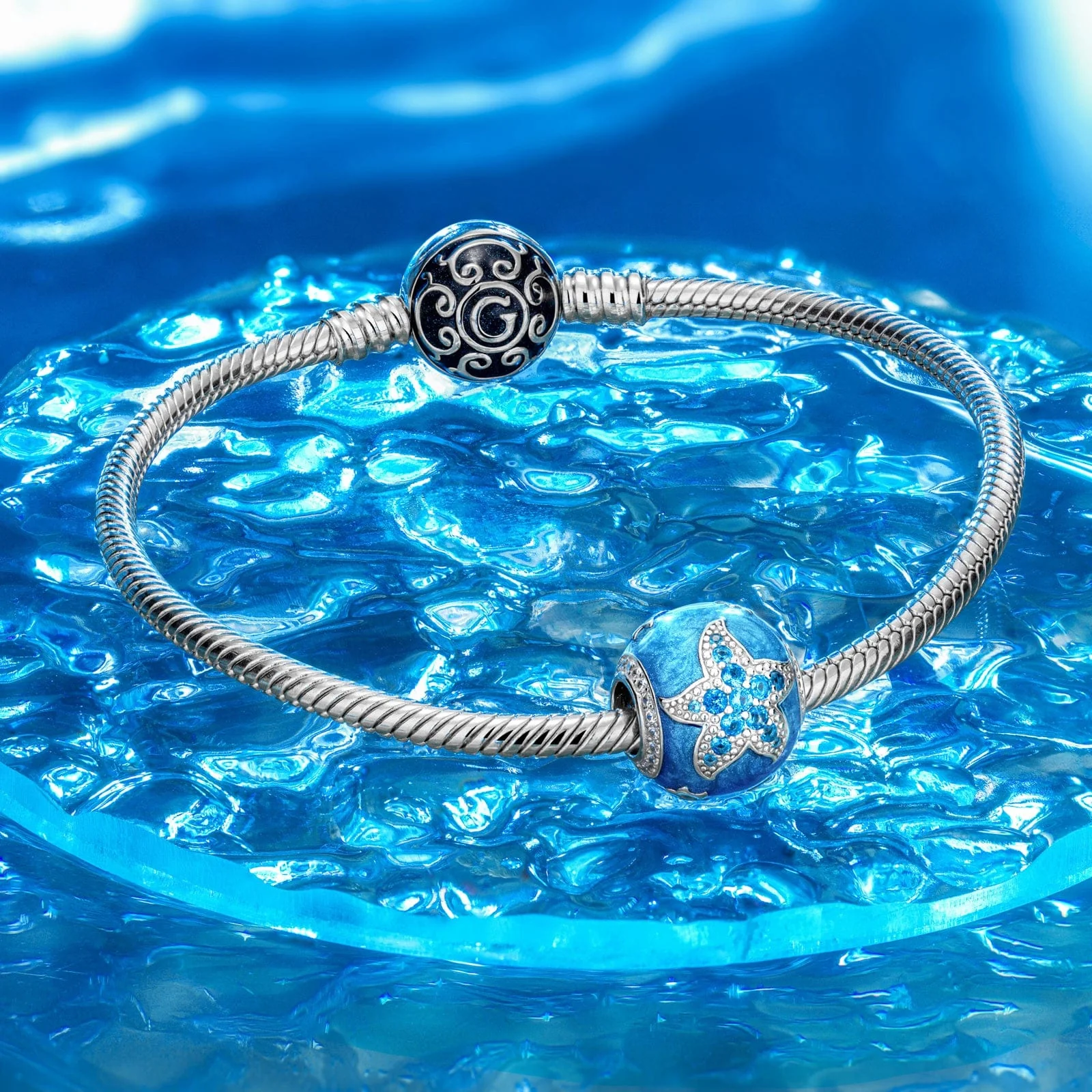 Sterling Silver Cute Blue Starfish Charms With Enamel In White Gold Plated - Image 3