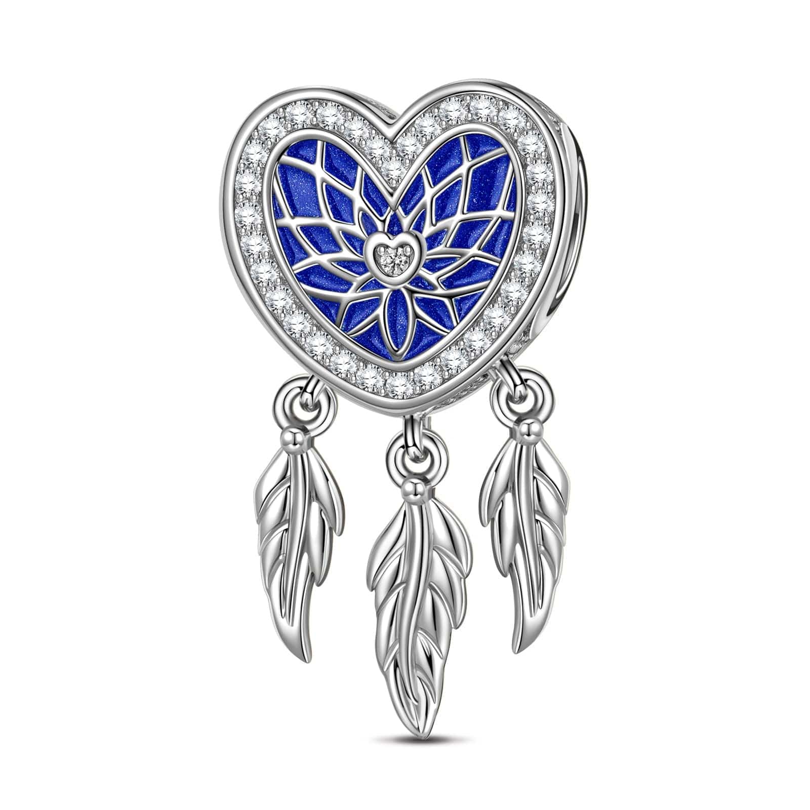 Sterling Silver Blue Dreamcatcher Dangle Charms With Enamel In White Gold Plated
