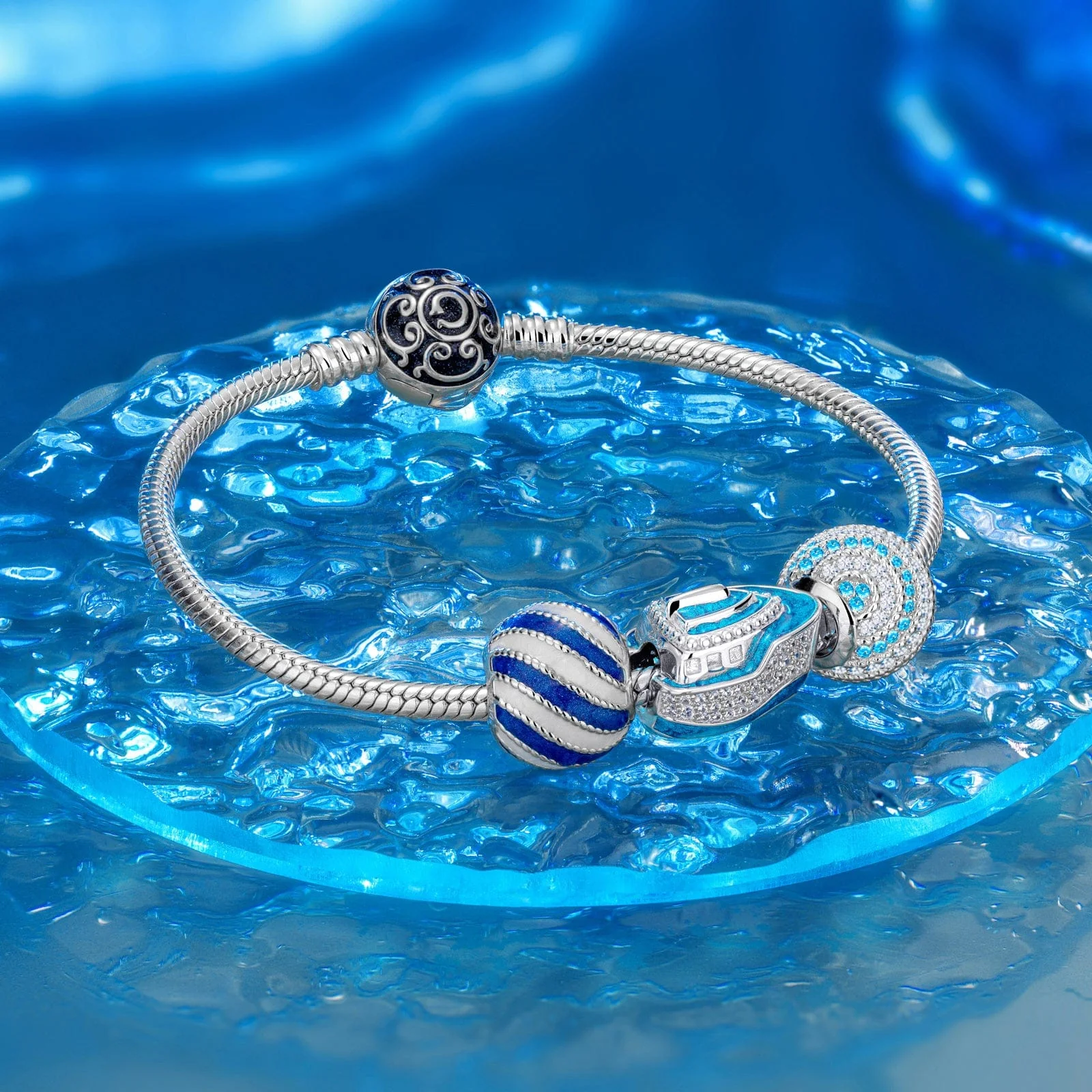 Sterling Silver White Sea Waves Charms With Enamel In White Gold Plated - Image 4